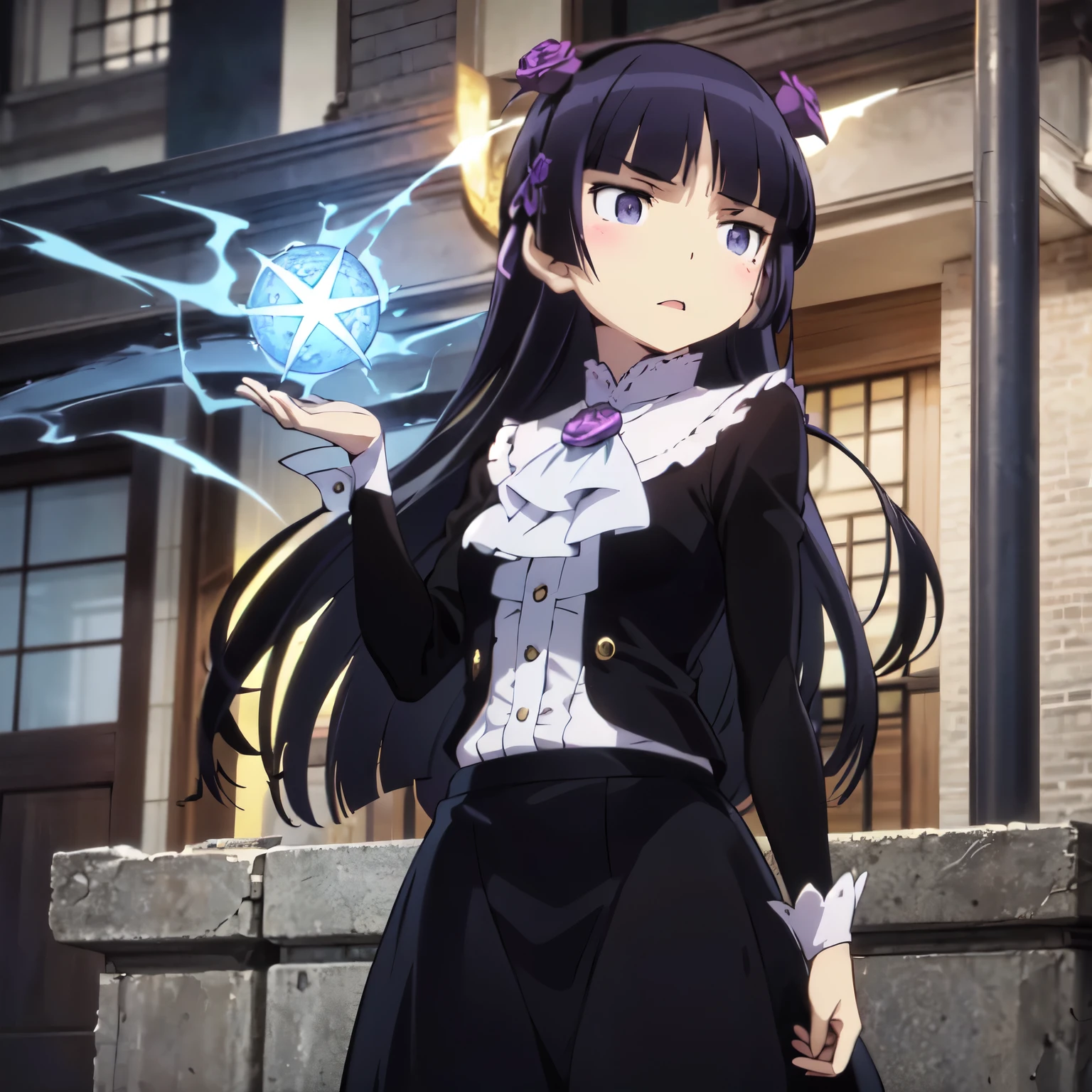 (ruri gokou), 1 girl, (very detailed8K壁紙), another world, necromancer,magic, long skirt, black magic, Gosgarh, Bright magic, pentagram, magic formation, spark, Complex, very detailed, dramatic,