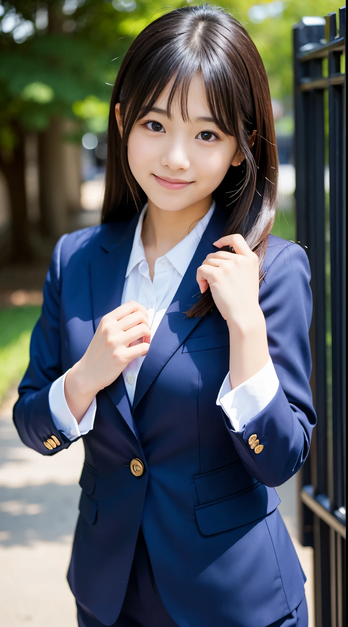 Best-quality, Masterpiece, Ultra-High-Resolution, (Photorealistic:1.4), Raw-Photo, 1girl, -yeld, thost famous Japanese idol, wearing navy-blue business-suit, extremely cute face like the most popular Japanese idol, extremely beautiful big-black-eyes, extremely beautiful beautiful-hair, extremely beautiful skins, looking at viewer, innocent-smile, dynamic-pose, detailed navy-blue-business-suit