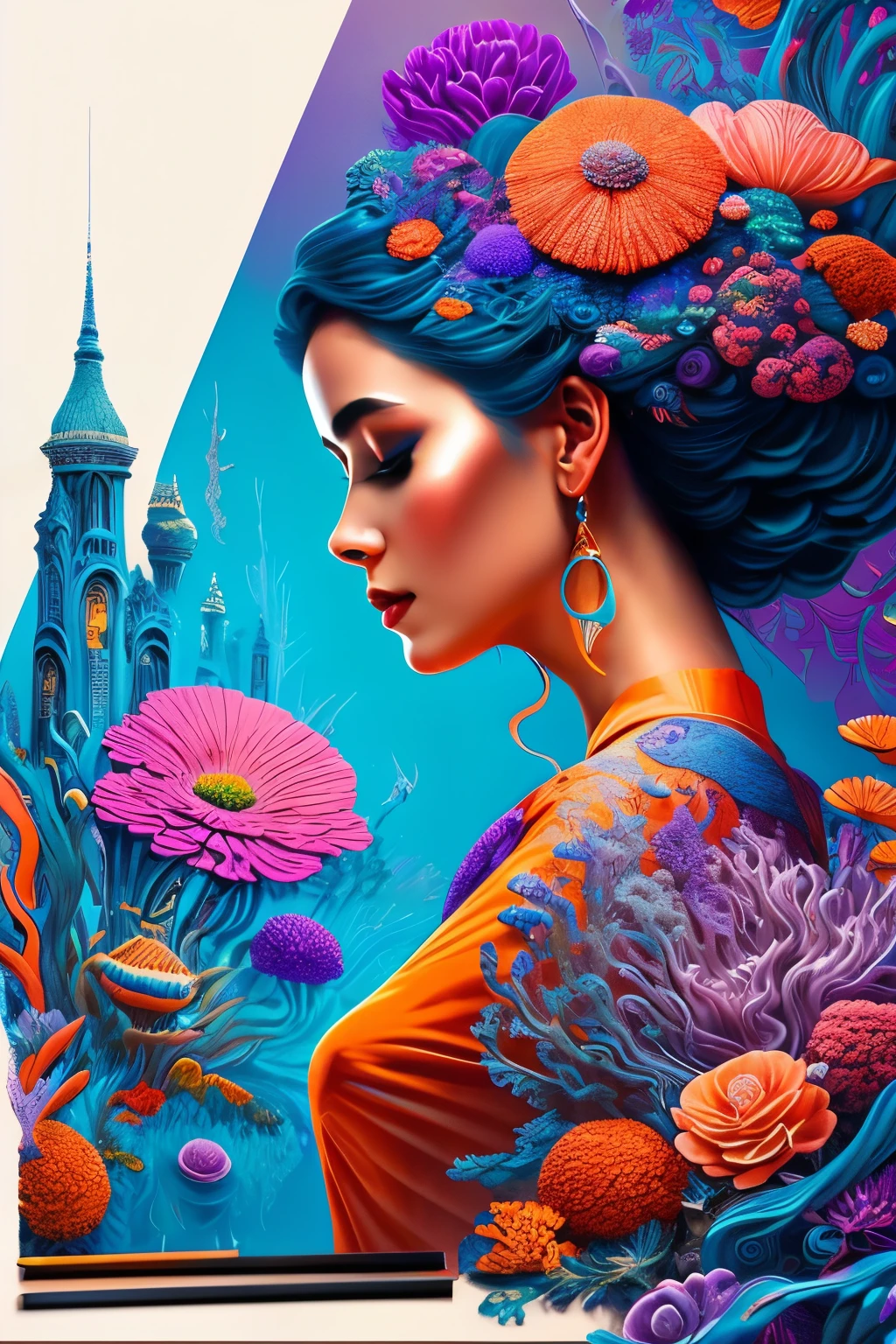 This is a captivating and richly hued digital masterpiece. At the heart of the scene lies a woman, featured in profile on the left side, intently focused on her painting at an easel. The canvas before her seems to merge flawlessly with the intricately designed and fantastical surroundings, presenting a dreamlike landscape that is a harmony of colors and ornate patterns.
The background and foreground burst with vivid shades and intricate patterns, mimicking organic structures like coral reefs, plants, flowers, and even sea anemones, yet rendered in a highly stylized, abstract manner. The color palette encompasses deep blues, purples, vibrant oranges,