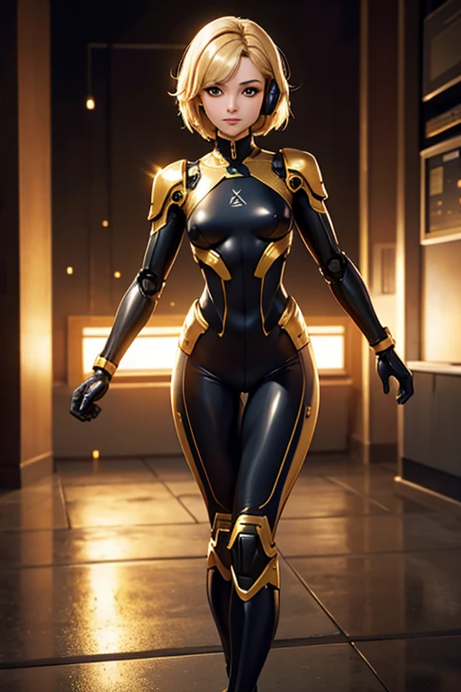 (masterpiece, highest quality, highest resolution, clear_image, Very elaborate CG, cinematic lighting, ray tracing, drop shadow, Detailed details, (realistic: 1.4),whole body, high quality texture, fine-grained, realistic facial expressions): (single girl, golden hair girl, short hair, small size breasts, Sparkling black eyes, eye level shot, metallic gold flight suit, robot girl、whole bodyカバー服, light smile, beauty, Because I'm slender, exoskeleton,Exchanging limbs、Futanari、heroine, headset, Knee-high boots, gloves)