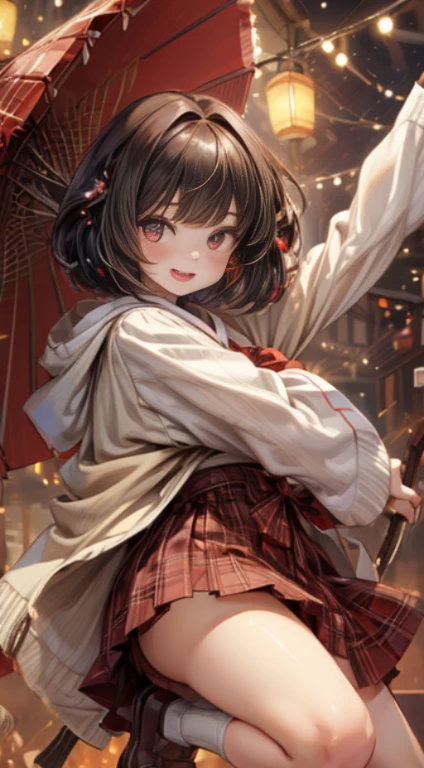 master piece、8k、32K、quality、(detailed eyes)、long brown hair，color，(Lovely Japan Lady、through the bangs)、23 years old、1 girl、elegant、(Detailed background depiction、abortion:1.2)、(bob cut:1.3)、(lights、Yuki:1.4)、(slalom:1.2)、(wool poncho、plaid mini skirt、upper limbs, upper limbs, upper limbs:1.2)，(my face turned red、cheerfulness:1.4)、(look from bottom to top:1.3)