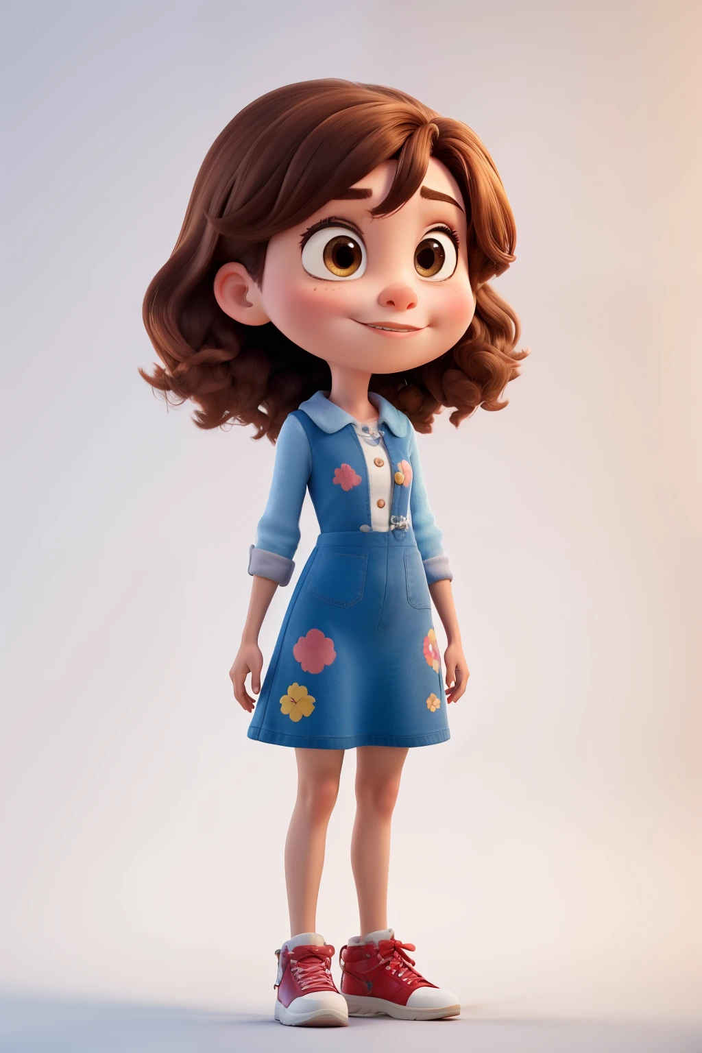 Melhor qualidade, obra de arte, detalhado, rosto perfeito, full body 2 year old, cabelo cacheado, vestido colorido, modelo pixar da disney
