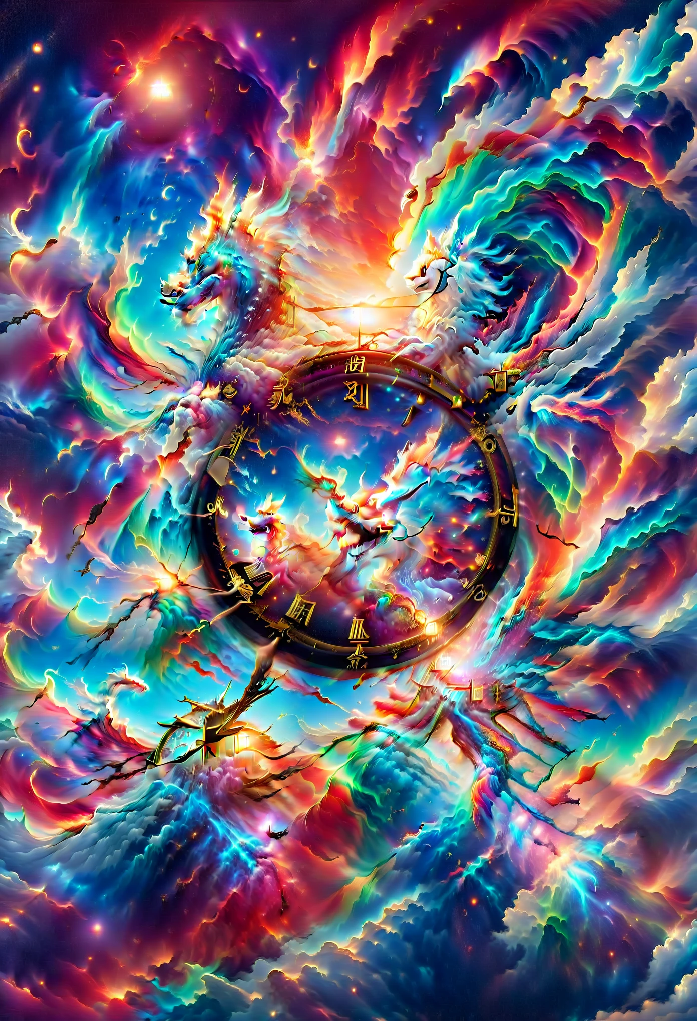 dragon winding clock。clock 12:00。oriental mythology。White dreamy。Cloudany colorful clouds。