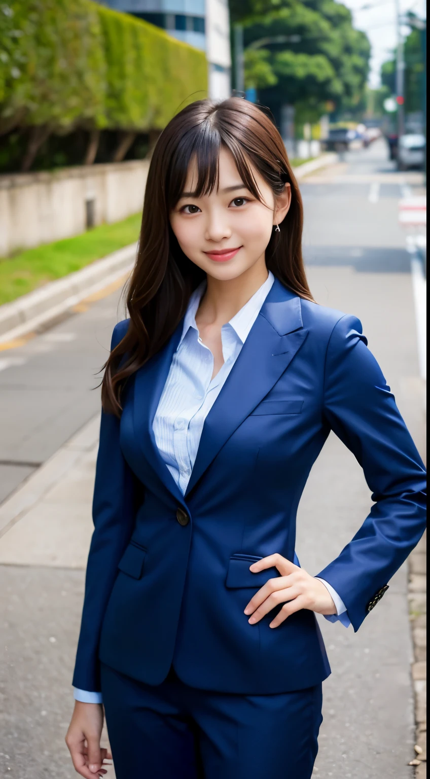 Best-quality, Masterpiece, Ultra-High-Resolution, (Photorealistic:1.4), Raw-Photo, 1girl, 12-years-old, the most famous Japanese idol, wearing navy-blue business-suit, extremely cute face like the most popular Japanese idol, extremely beautiful big-black-eyes, extremely beautiful beautiful-hair, extremely beautiful skins, extremely beautiful thighs, looking at viewer, innocent-smile, dynamic-pose, detailed navy-blue-business-suit