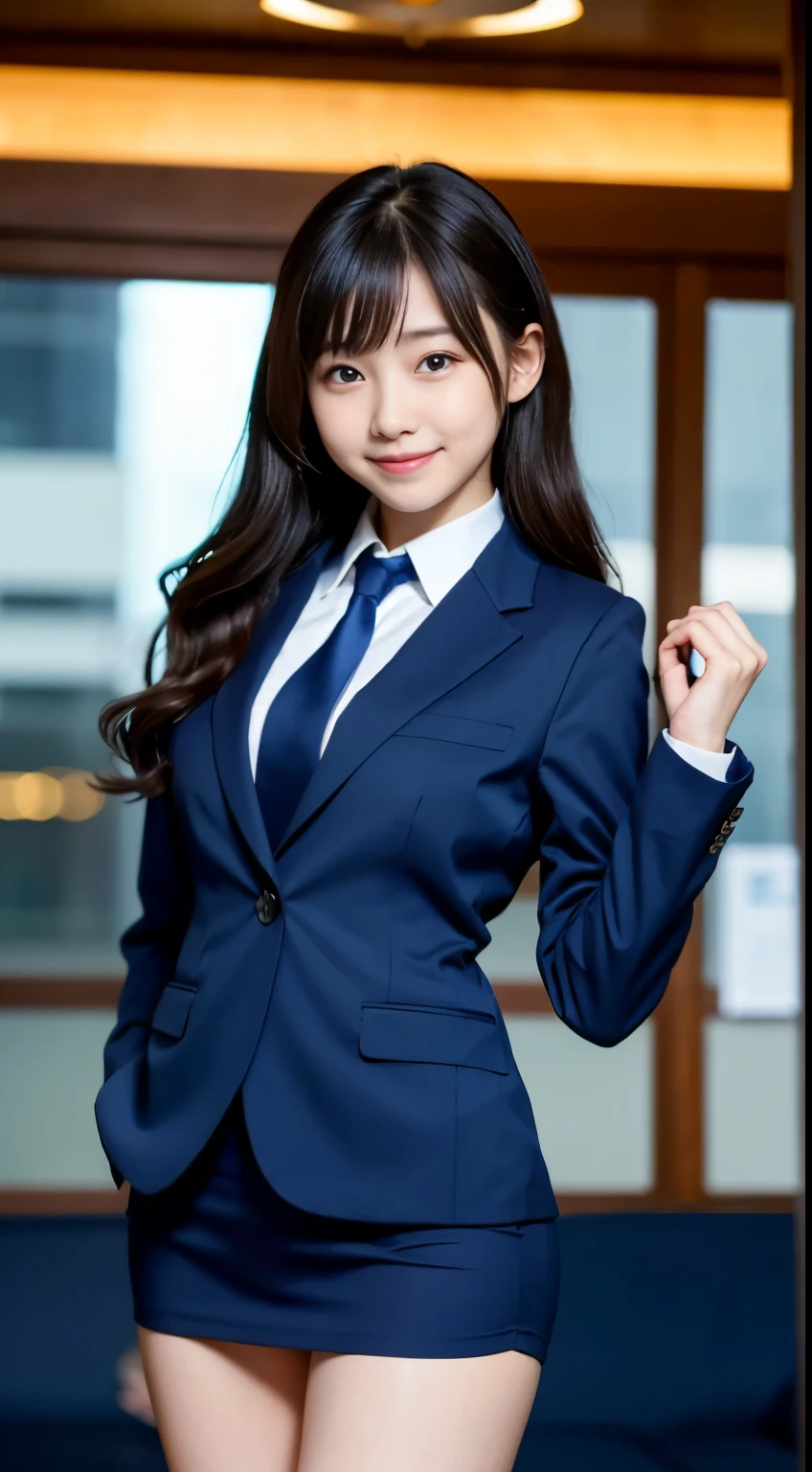 Best-quality, Masterpiece, Ultra-High-Resolution, (Photorealistic:1.4), Raw-Photo, 1girl, 12-years-old, the most famous Japanese idol, wearing navy-blue business-suit, extremely cute face like the most popular Japanese idol, extremely beautiful big-black-eyes, extremely beautiful beautiful-hair, extremely beautiful skins, extremely beautiful thighs, looking at viewer, innocent-smile, dynamic-pose, detailed navy-blue-business-suit