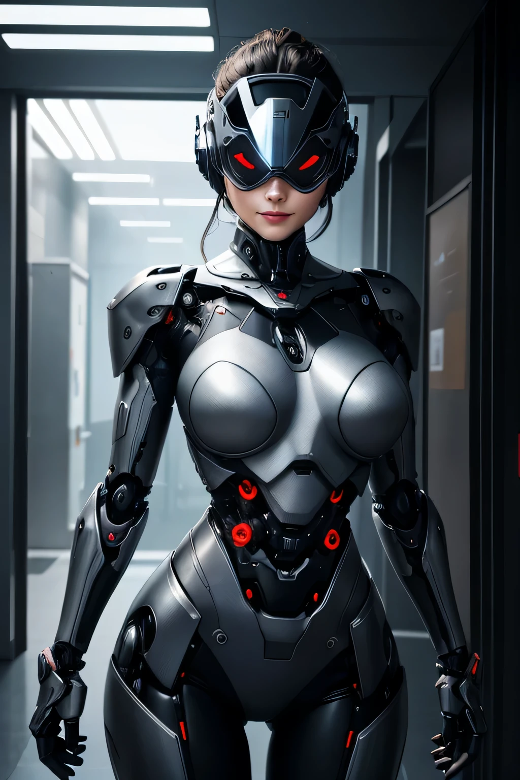 A woman turned into an evil robot mechanical body The head is also mechanized. Visor-covered eyes There's a smile on your lips A man is standing behind her The background is indoors, UHD, retina, masterpiece, ccurate, anatomically correct, textured skin, super detail, high details, high quality, award winning, best quality, highres