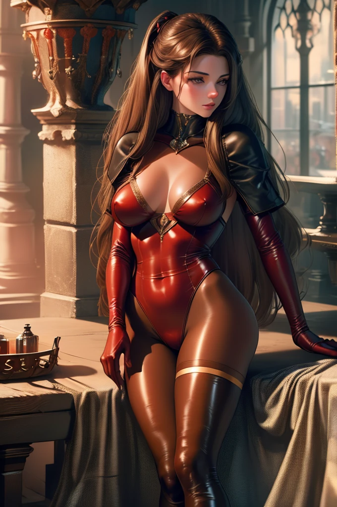 (best quality,8k:1.2,high resolution:1.2),ultra-detalhado,Realistic,retro science female,21 YEARS OLD,long hair,rosto extremamente detalhados,long eyelashes,all sheer light red leotard de nylon Apertado,all light suntan pantyhose, gloves,Glossy metalic accessories,Physically-based rendering,sharp focus,studio lighting