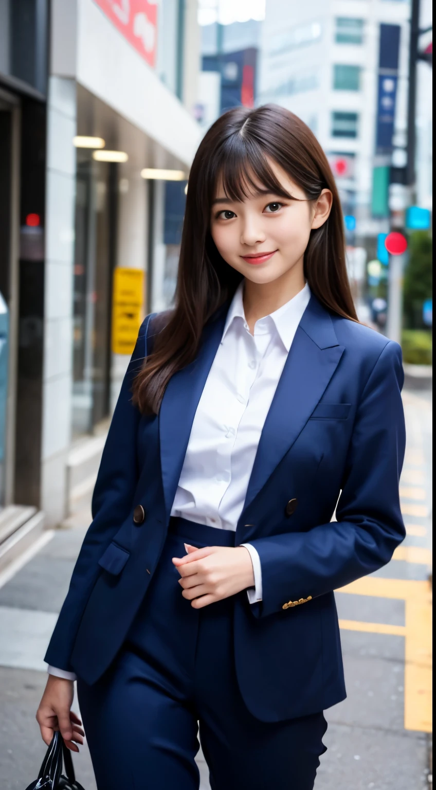 Best-quality, Masterpiece, Ultra-High-Resolution, (Photorealistic:1.4), Raw-Photo, 1girl, 12-years-old, the most famous Japanese idol, wearing navy-blue business-suit, upturned ass, extremely cute face like the most popular Japanese idol, extremely beautiful big-black-eyes, extremely beautiful beautiful-hair, extremely beautiful skins, extremely beautiful thighs, looking at viewer, innocent-smile, dynamic-pose, detailed navy-blue-business-suit