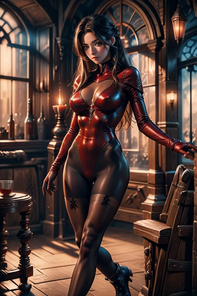 (best quality,8k:1.2,high resolution:1.2),ultra-detalhado,Realistic,retro science female,21 YEARS OLD,long hair,rosto extremamente detalhados,long eyelashes,all sheer light red leotard de nylon Apertado,all light suntan pantyhose, gloves,Glossy metalic accessories,Physically-based rendering,sharp focus,studio lighting