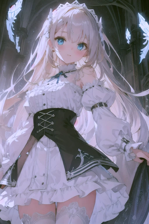beautiful illustrations, highest quality, cute girl, (conversion sequence), gothic dress, Chibi, white magical girl, fractal art, , Long mesh hair with blonde reflections of silver, beautiful detailed blue eyes, cinematic lighting, cowboy shot, looking at the viewer, from below, Happy