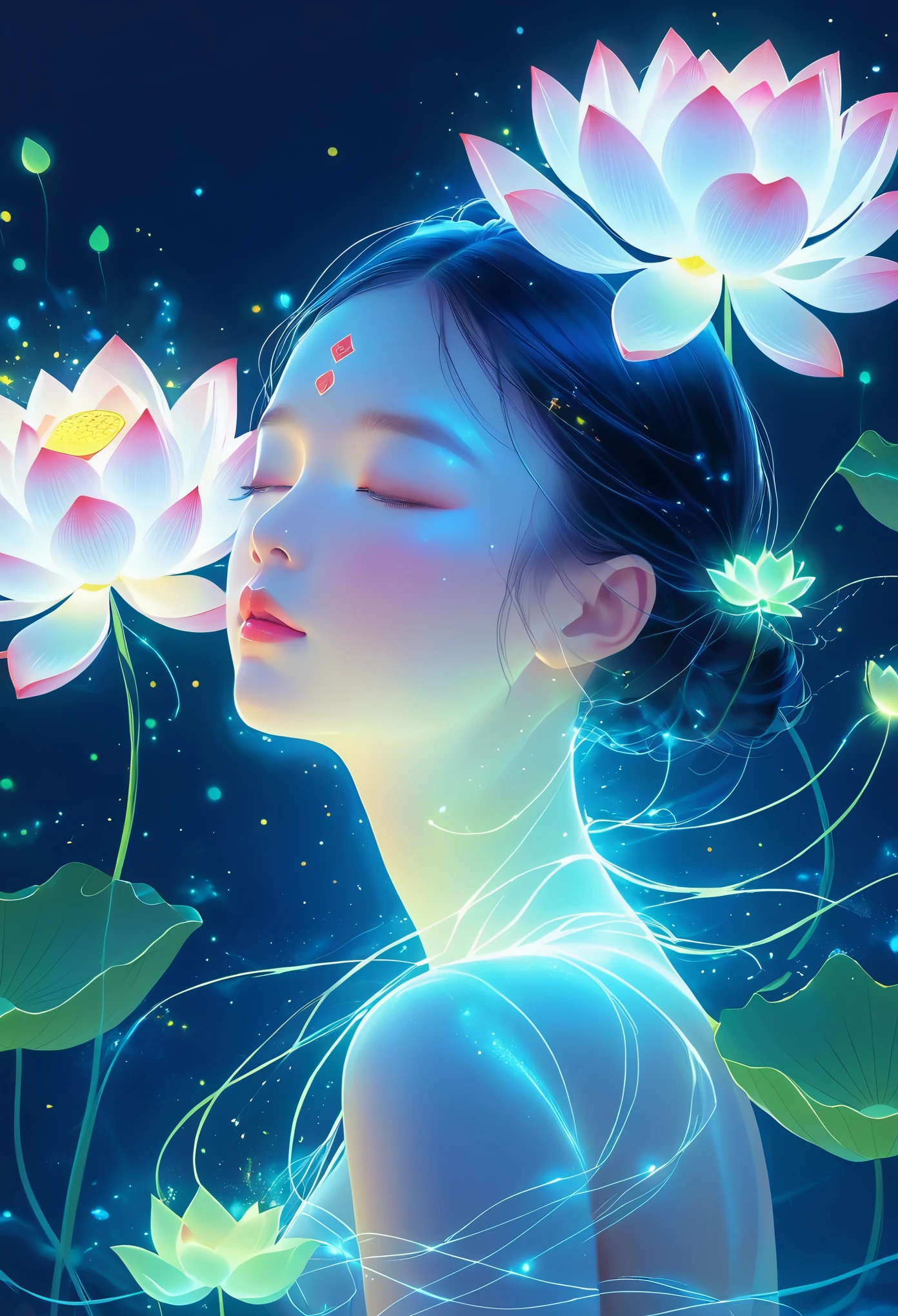 (masterpiece, best quality:1.2), In digital art style, charming illustration,1 girl, grace，alone，body glow，Glowing lotus，Glowing lines，fluorescence,glow example，Example tracking，flash，萤light particles，Backlight，Translucent，light particles，Correct human anatomy，