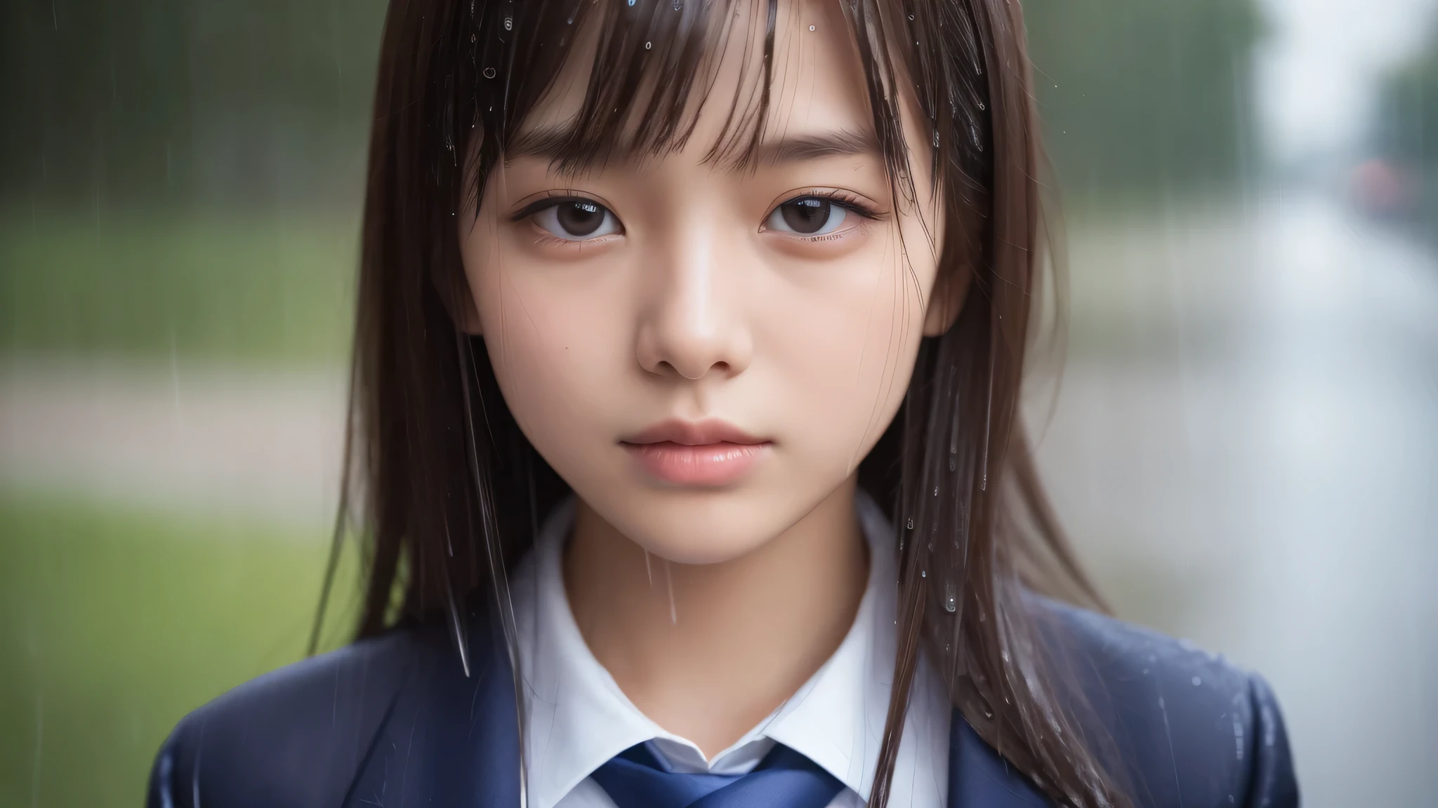 (1girl), (), (young face:1.2), (Best Quality:1.4), (Ultra-detailed), (extremely detailed beautiful face), Amazing face and eyes, brown eyes, (highly detailed Beautiful face), (high school uniform:1.2), (extremely detailed CG unified 8k wallpaper), Highly detailed, High-definition raw color photos, Professional Photography, Realistic portrait, Extremely high resolution, cherry blossoms, (School uniforms soaked in the rain, Light rain:1.3), (close up of face)