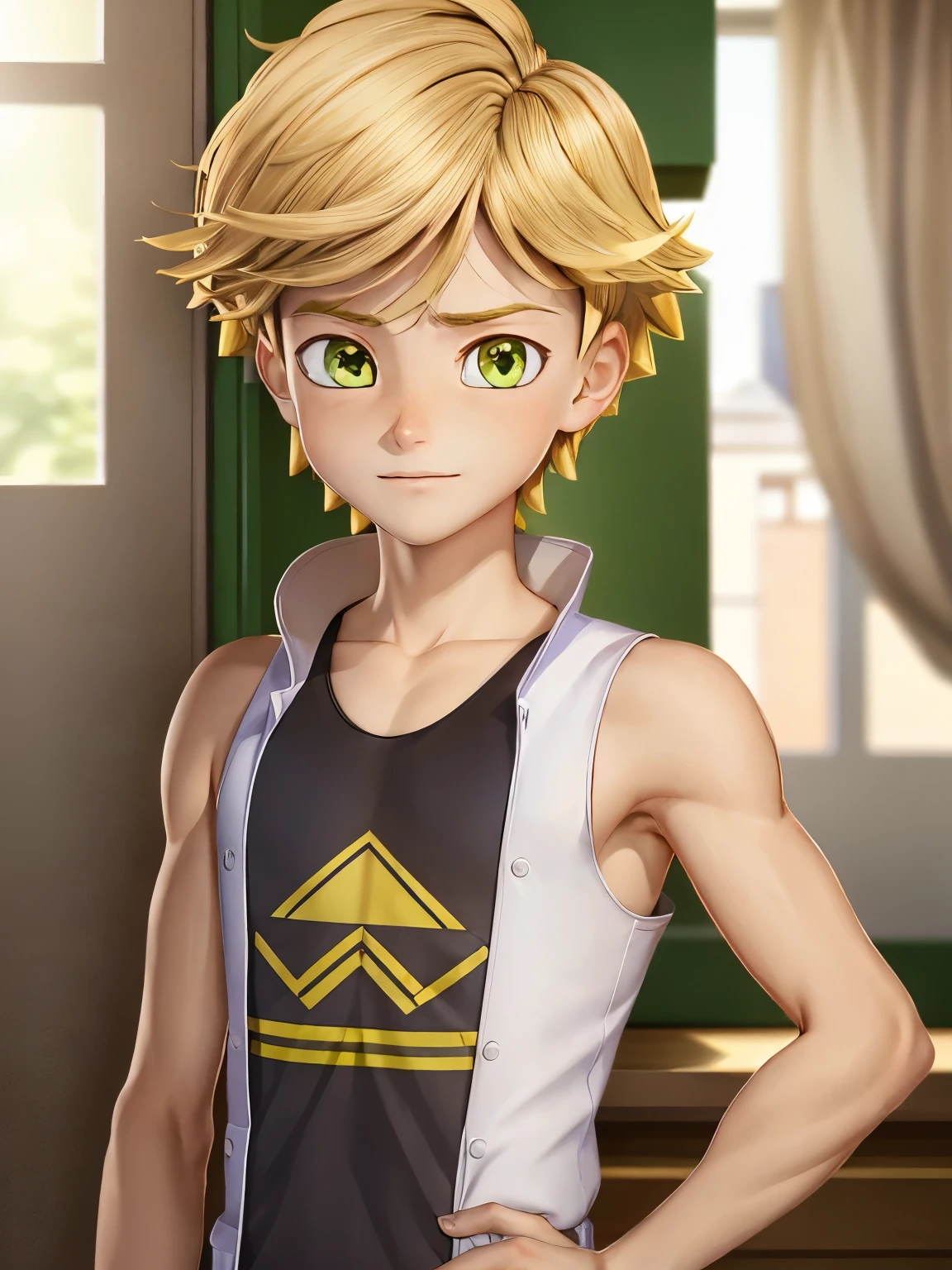 highres,Masterpiece， Best quality at best,Best Quality,hight quality, hight detailed, realistic, photorealistic, Anime style, 1boy, **********, Adrien, indoor, Cheerful boy, basket uniform,Tank Tops, Blonde, (show his armpit), boy focus