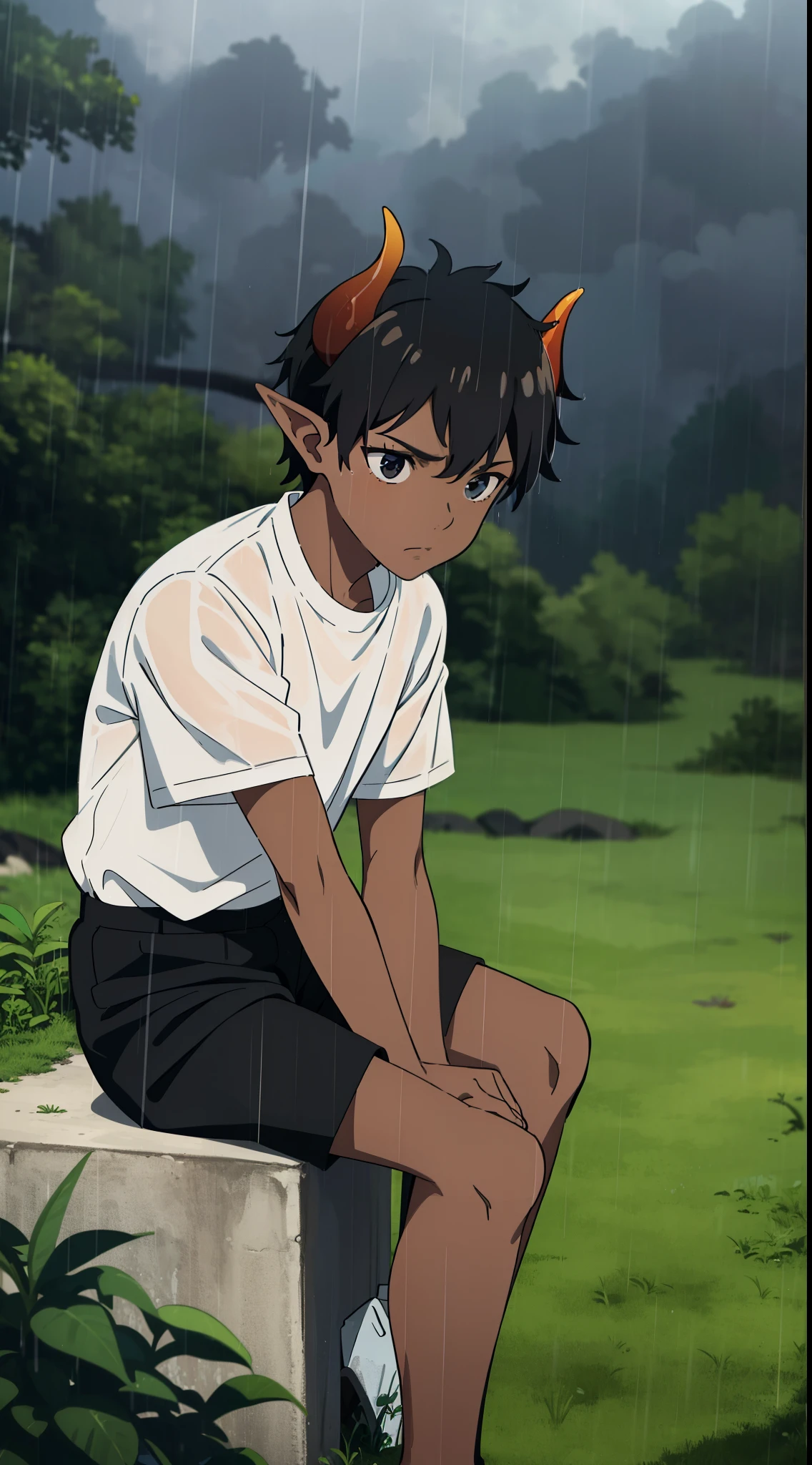 1boy,8 years,solo,((dark skin)),((white shirt,short sleeves,black shorts)),Short hair,black hair,elf ears,(horns),(in raining,,clouds,cloudy,forest),sad,sitting on grass