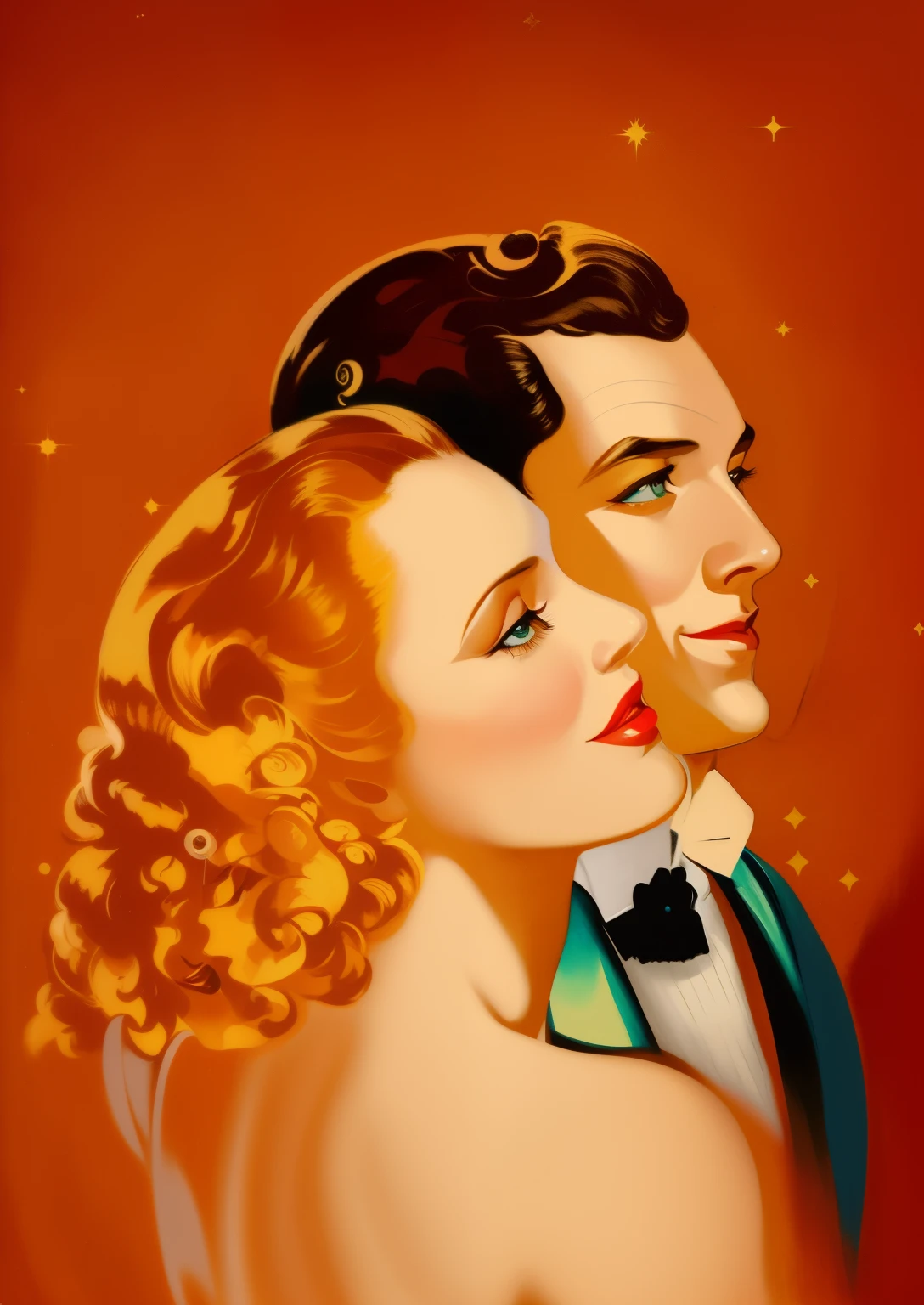 painting of a couple in formal attire posing for a picture, art deco portrait, like rolf armstrong style, inspired by Rolf Armstrong, enoch bolles, golden age illustration, by Rolf Armstrong, inspired by Art Frahm, by Earle Bergey, james jean and rolf armstrong, art deco painting, beautiful retro art, art deco illustration, retro illustration, vintage movie