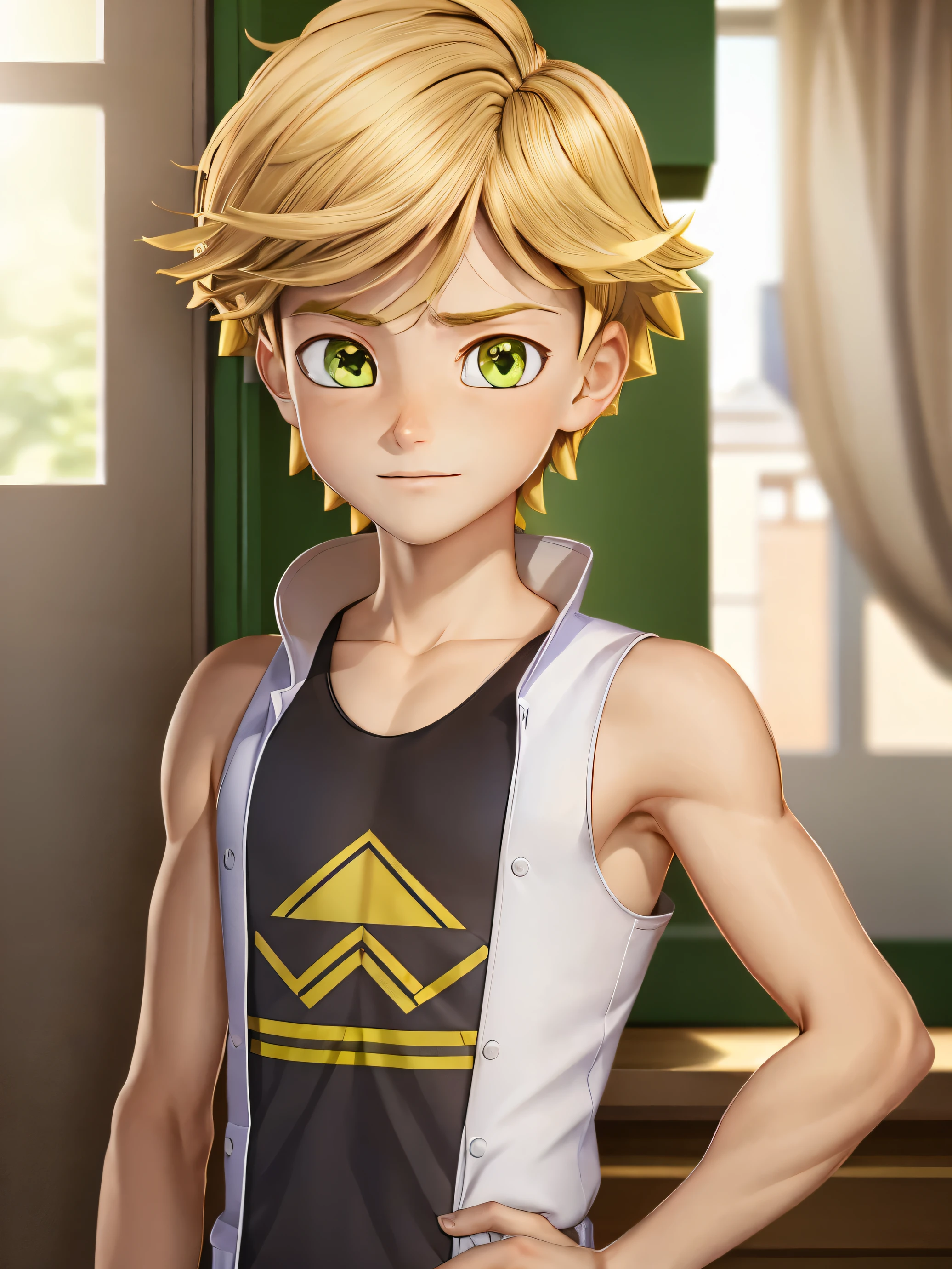 boy, slim, Cute, bright eyes, Short blond hair, in your bedroom, looks at the viewer, shy, mesh tank top