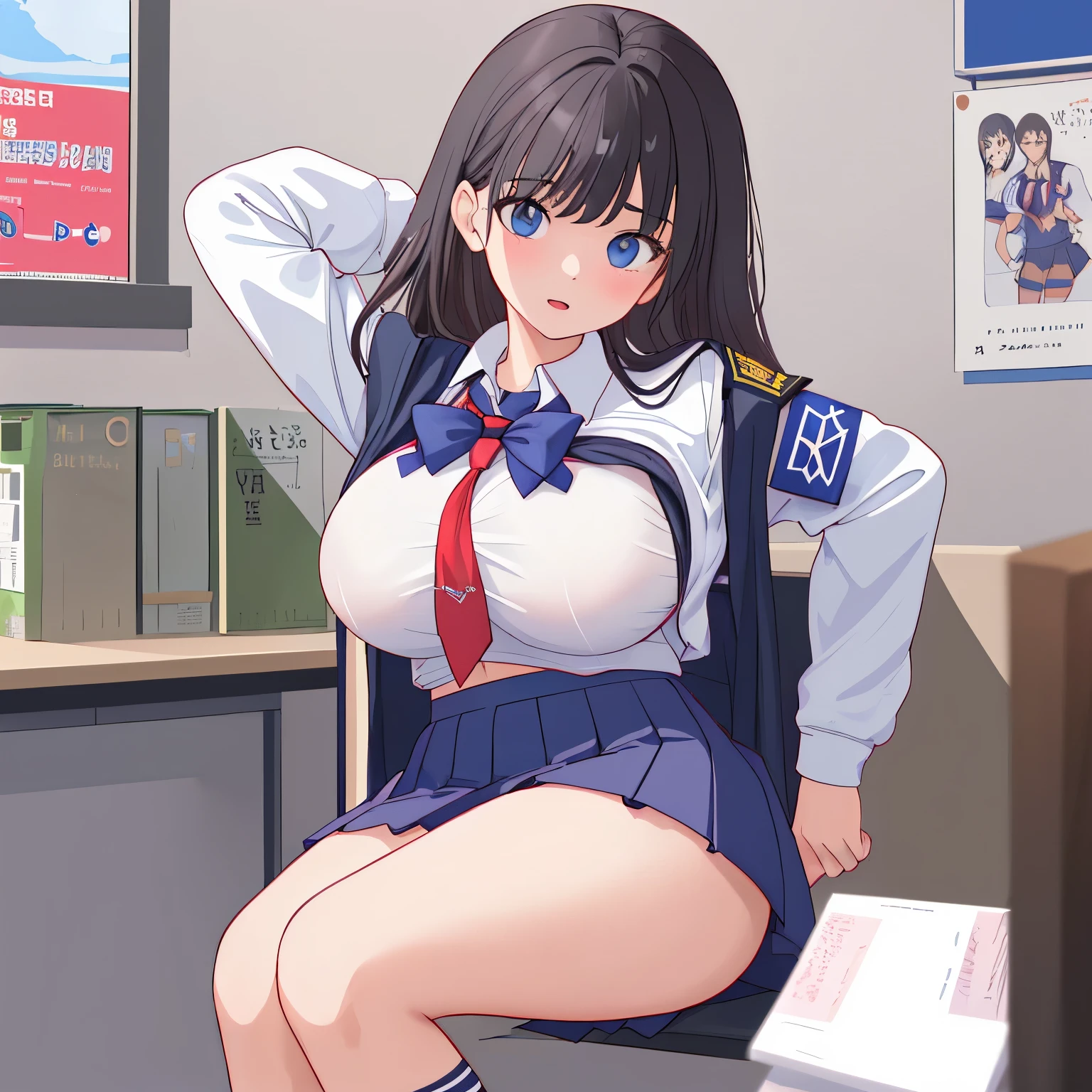 wearing school uniforme, showing her big breast.