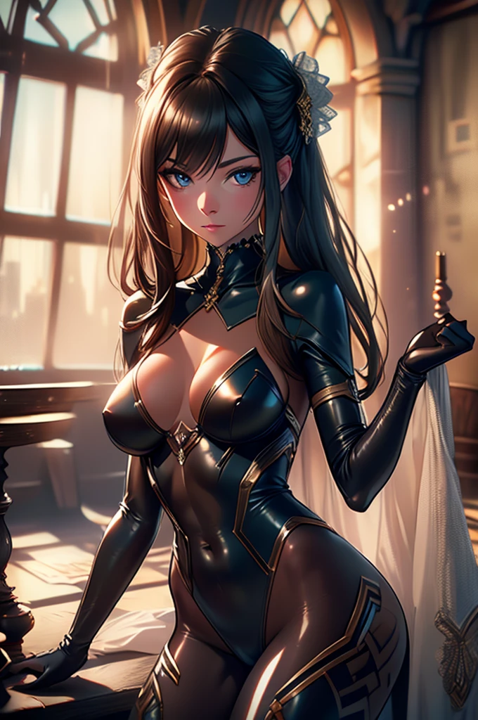 (best quality,8k:1.2,high resolution:1.2),ultra-detalhado,Realistic,retro science female,21 YEARS OLD,long hair,rosto extremamente detalhados,long eyelashes,all transparent latex white leotard Apertado,all light pantyhose, gloves,Glossy metalic accessories,Physically-based rendering,sharp focus,studio lighting