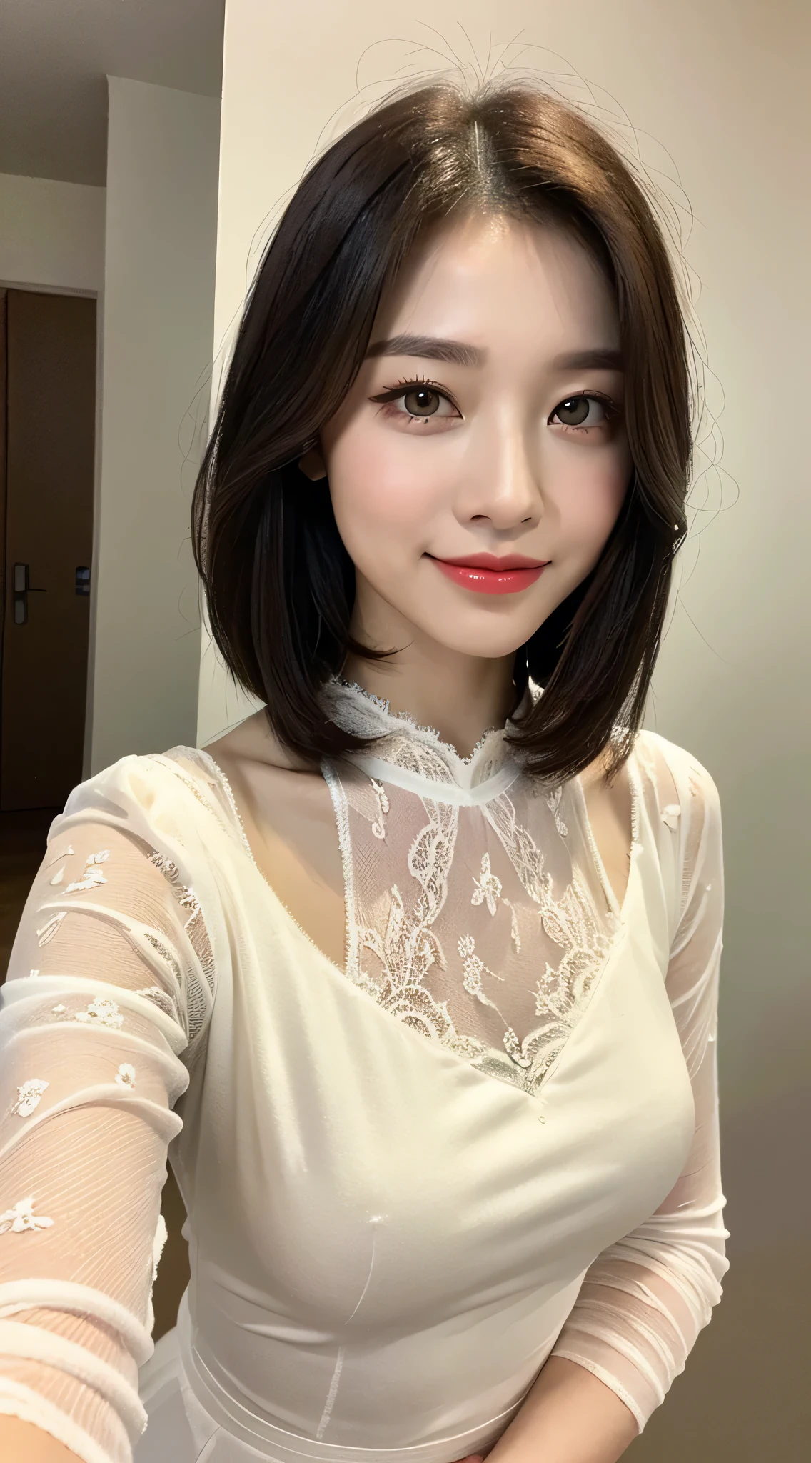 ((Natural night lighting、8K、best quality、masterpiece:1.3))、(real、sharp focus:1.2)、Very delicate and very cute woman:1.4、((1 girl))、(indoor、white background)、perfect style、Super detailed、High resolution、(Lace dress with black sleeves:1.1)、(dark brown hair、medium short、layer cut hair:1.2)、valley、 (huge 、whole body:1.3)、Highly detailed face and skin texture、highly detailed lip texture、red lips、detailed and beautiful eyes、smile、glossy lips、eye make up、Angle from the front、angle from head to knees、Are standing、Extra-fine face、Ultra Fine Lip、extra fine eyes、double eyelid、Super detailed