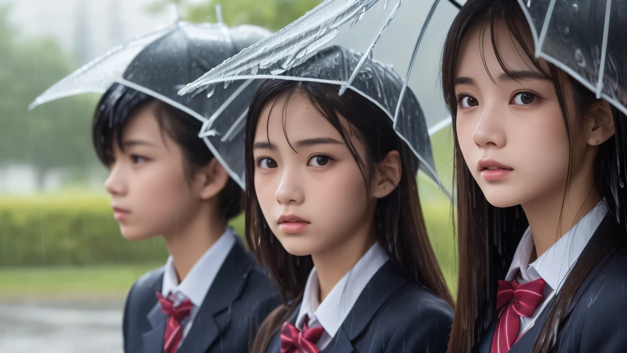 (3girls:1.2), (17yo), (young face:1.2), (Best Quality:1.4), (Ultra-detailed), (extremely detailed beautiful face), Amazing face and eyes, brown eyes, (highly detailed Beautiful face), (high school uniform:1.2), (extremely detailed CG unified 8k wallpaper), Highly detailed, High-definition raw color photos, Professional Photography, Realistic portrait, Extremely high resolution, cherry blossoms, (School uniforms soaked in the rain, Light rain:1.3), (close up of face)