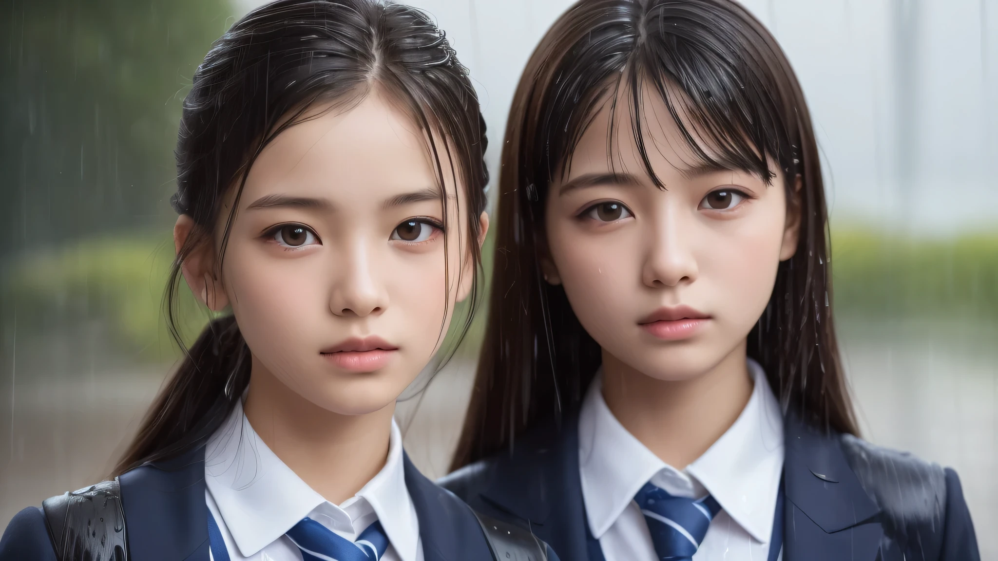 (2girls:1.2), (17yo), (young face:1.2), (Best Quality:1.4), (Ultra-detailed), (extremely detailed beautiful face), Amazing face and eyes, brown eyes, (highly detailed Beautiful face), (high school uniform:1.2), (extremely detailed CG unified 8k wallpaper), Highly detailed, High-definition raw color photos, Professional Photography, Realistic portrait, Extremely high resolution, cherry blossoms, (School uniforms soaked in the rain, Light rain:1.3), (close up of face)