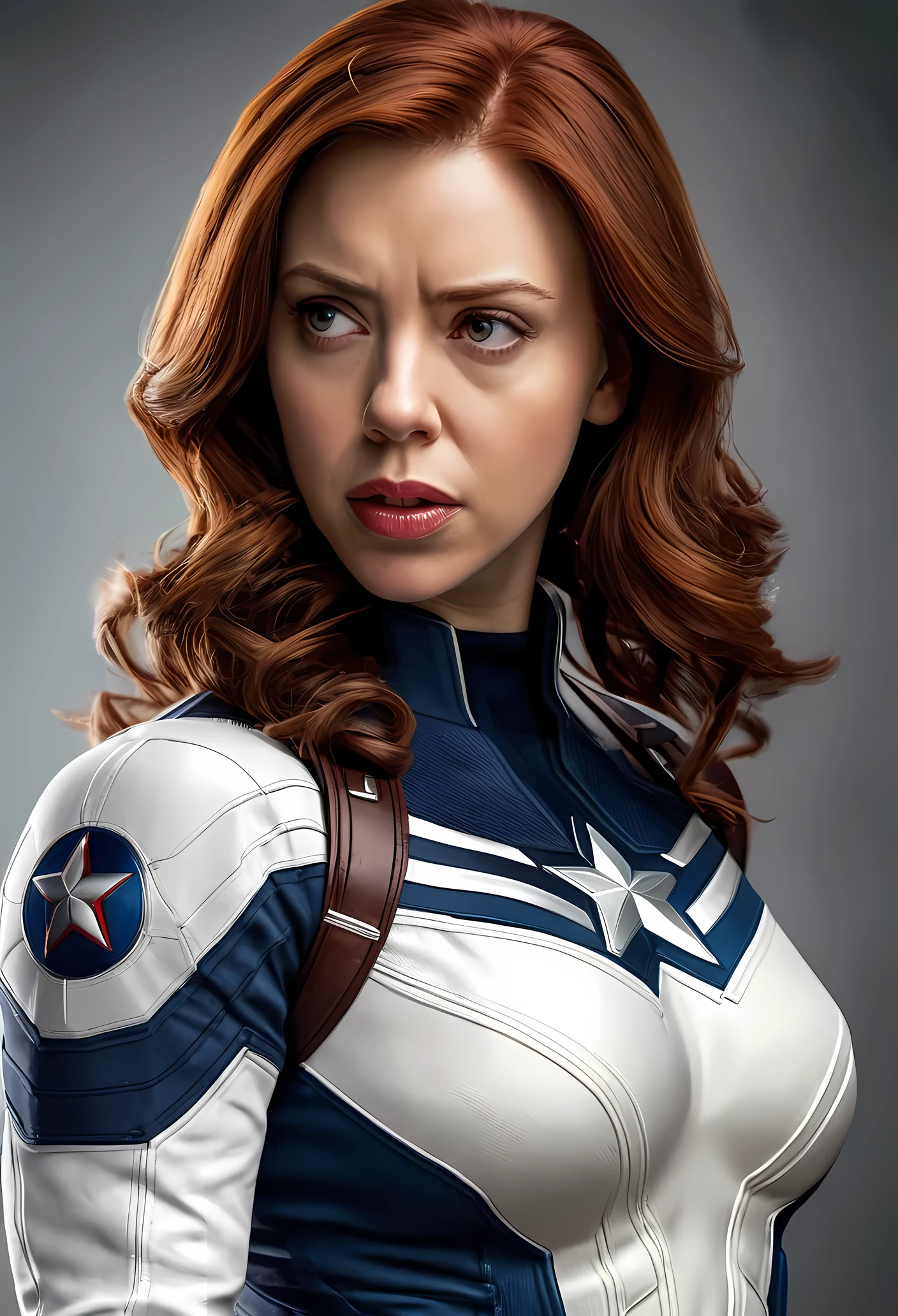 (Foto CRU, Melhor qualidade), (realista, foto fotorrealista: 1.3), Melhor qualidade, altamente detalhado, obra de arte, ultra detalhado, illustration, Maravilha cinematic universe, Maravilha, captain America + Black Widow's unique combination, Scarlett Johansson, Beautiful Natasha Romanova in blue and white Captain America costume without Captain America helmet, tronco, detalhes altos no vestido, Melhor qualidade, Papel de parede CG unificado 8k extremamente detalhado, Tinta, Incredible, tough look, retrato, fechar-se (textura da pele), intrinsecamente detalhado, detalhes finos, hiperdetalhado.