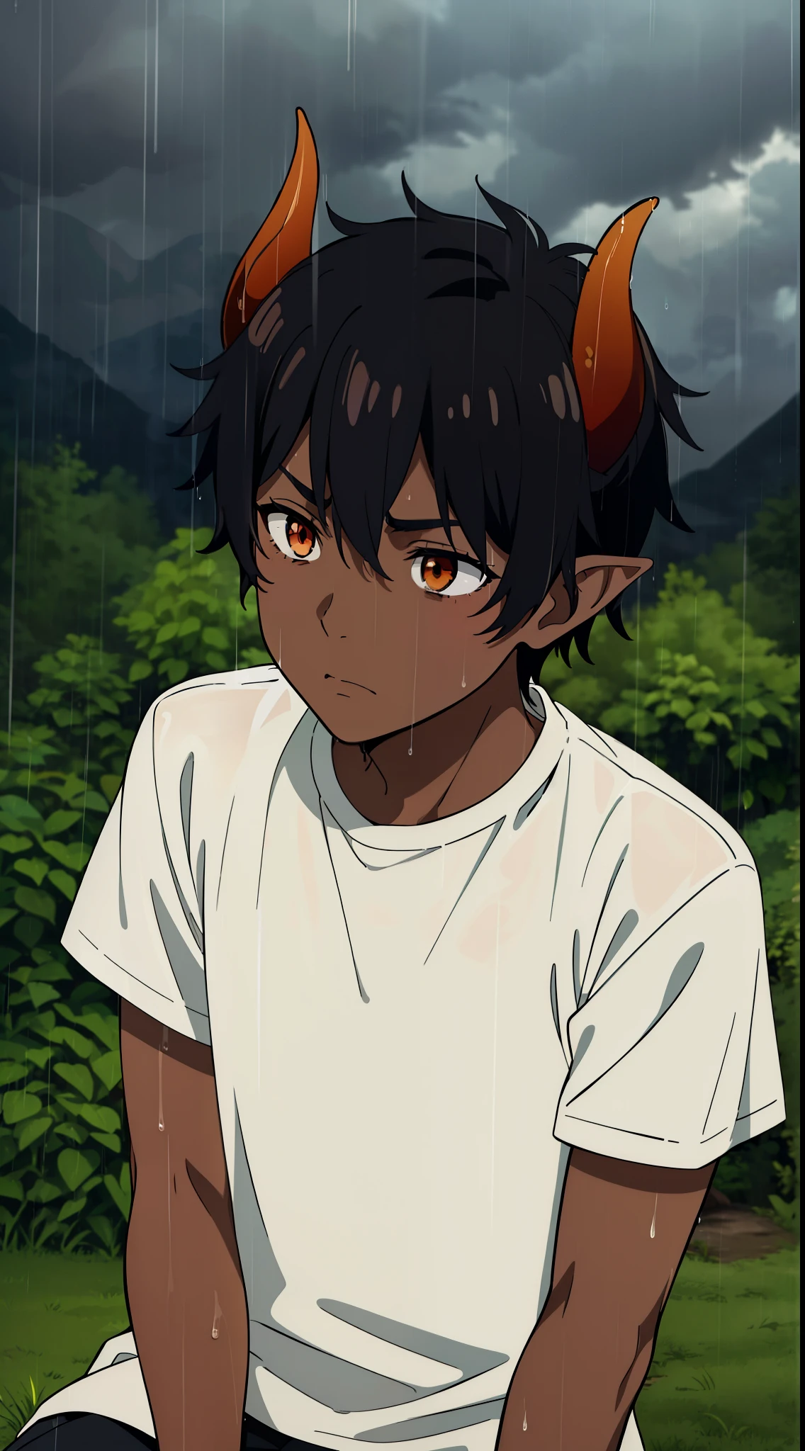 1boy,s old,solo,((dark skin)),((white shirt,short sleeves)),Short hair,black hair,elf ears,(horns),(in raining,,clouds,cloudy,forest),sad,sitting on grass,dirty,wet,orange eyes, upper body