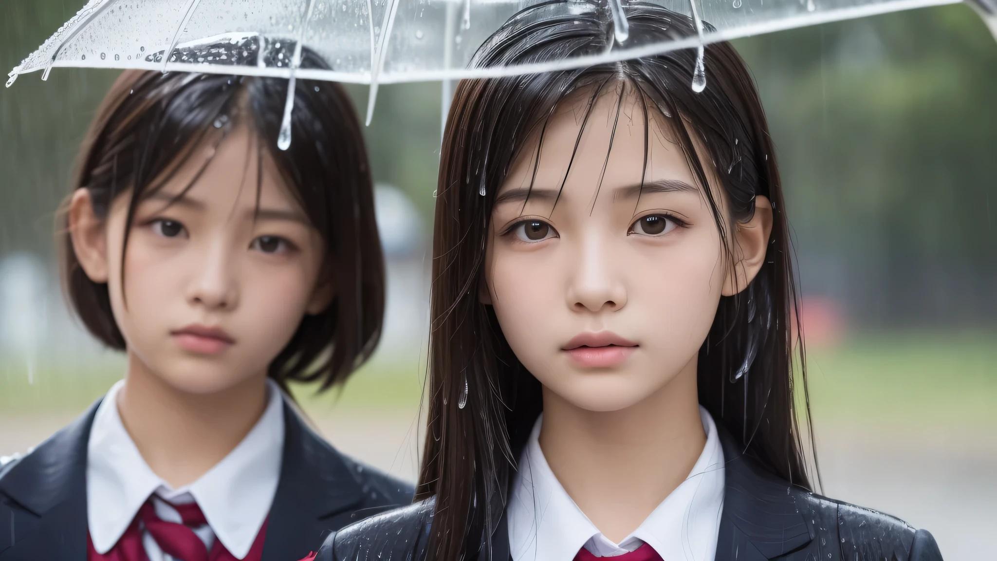 (2girls:1.2), (17yo), (young face:1.2), (Best Quality:1.4), (Ultra-detailed), (extremely detailed beautiful face), Amazing face and eyes, brown eyes, (highly detailed Beautiful face), (high school uniform:1.2), (extremely detailed CG unified 8k wallpaper), Highly detailed, High-definition raw color photos, Professional Photography, Realistic portrait, Extremely high resolution, cherry blossoms, (School uniforms soaked in the rain, Light rain:1.3), (close up of face)