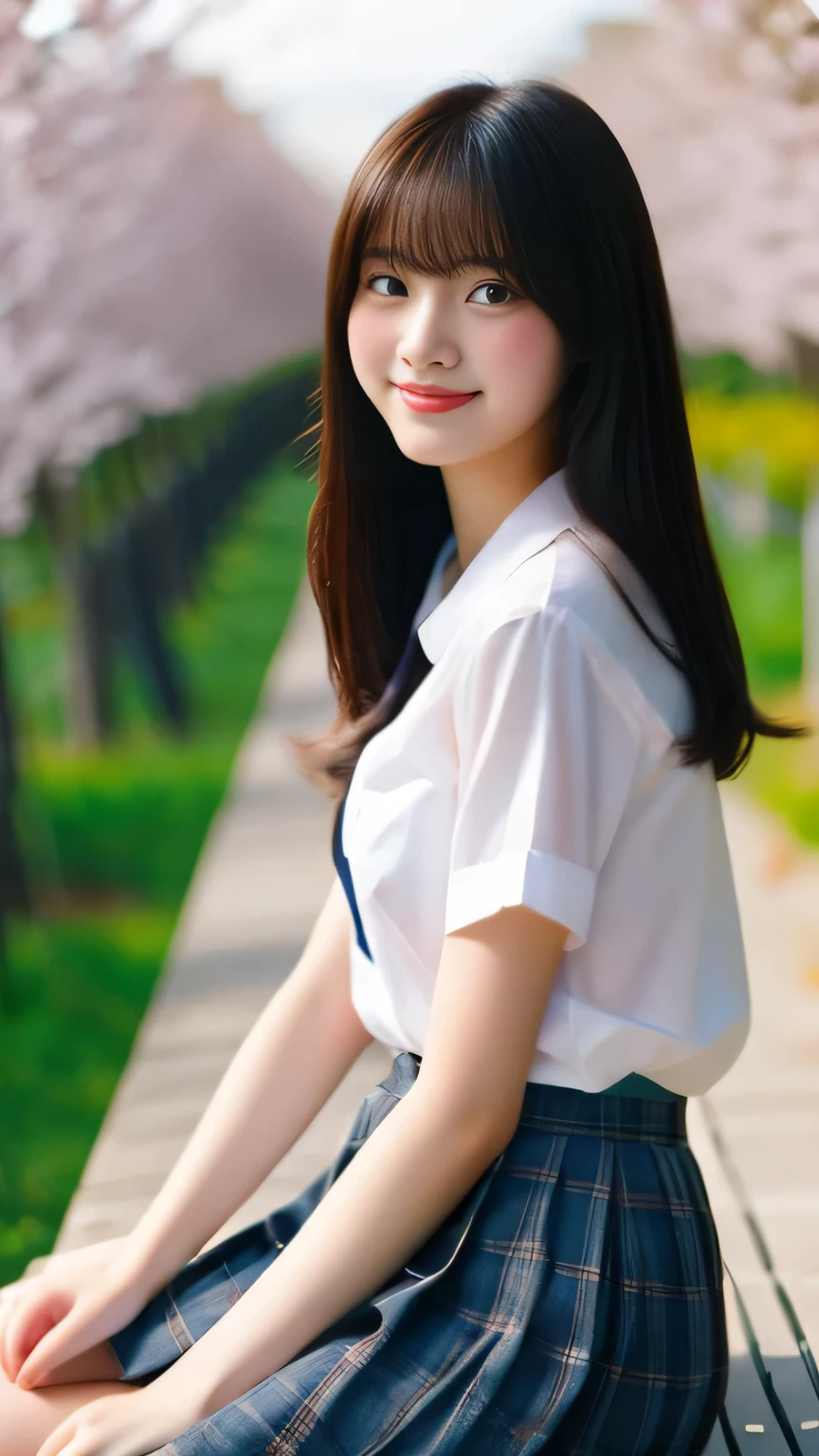 masterpiece, highest quality, 8K, 1 girl, (16 years old), teenager, Raw photo, smile, alone, (Super cute face like an idol:1.4), delicate girl, black hair, middle bob hair, straight hair, bangs, looking at the viewer, Frank, Sophisticated, professional lighting, film grain,  whole body, beautiful figure, The background is a field of yellow rape blossoms and rows of cherry blossom trees.,  (white shirt, crew , navy pleated skirt:1.2), small breasts, Cherry Blossom, sitting on the bench, 