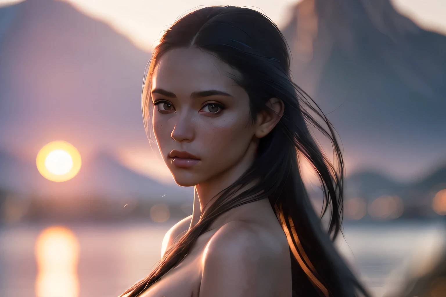(masterpiece), (very complicated:1.3), (realistic), girl portrait, the most beautiful in the world, (hummingbird-like thin clothing), reflection, outdoor, intense sunlight, distant mountains, Stunning female professional photo details, sharp focus, dramatic, Award history, cinematic lighting, Octane Rendering Unreal Engine, volumetrics dtx, (film grain, blurred background, blurred foreground, Bokeh, Depth of the bounds written, sunset, motion blur:1.3)
