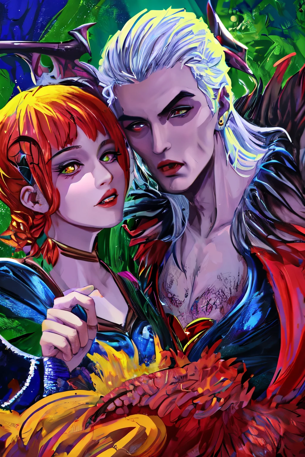 ((best quality)), ((masterpiece)), (detailed), perfect face, casal de homem e mulher, mordendo a mulher, vampiros, dark, beco escuro, noite, duas pessoas, casal, (worst quality, low quality:1.4), monochrome, zombie, (interlocked fingers)