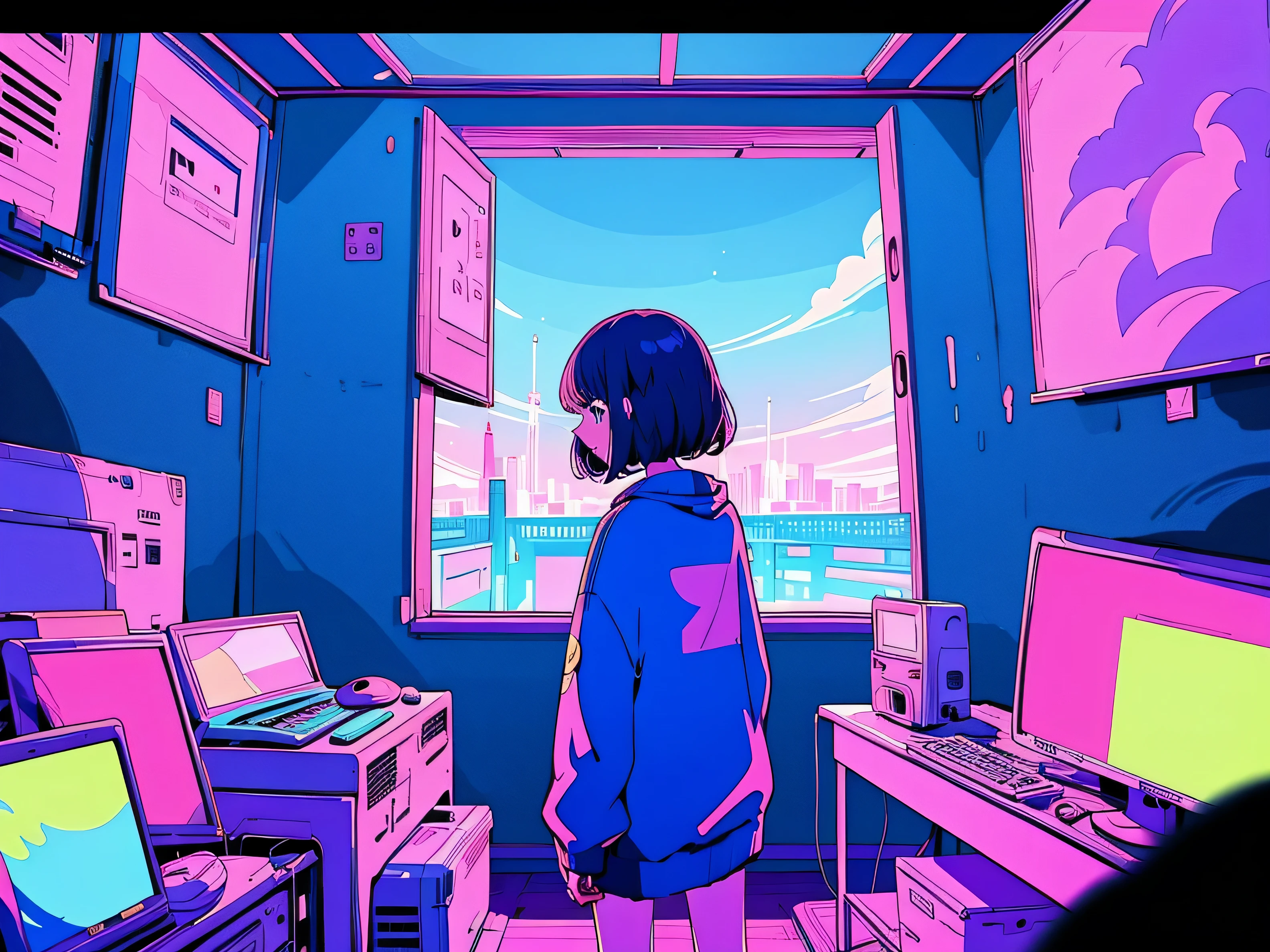 (from behind), Garota de anime sentada em frente a um computador em um quarto aconchegante, girl listening to music in a cozy room (noite), usando fones de ouvido, no telhado, (beautiful noite views from windows), muitas coisas, estilo anime 2d, The aesthetics of anime in the 90s, lo-fi, muito detalhado, hard disk, Uma mistura de estilo anime e Fujifilm, Surreal, 8k, obra de arte