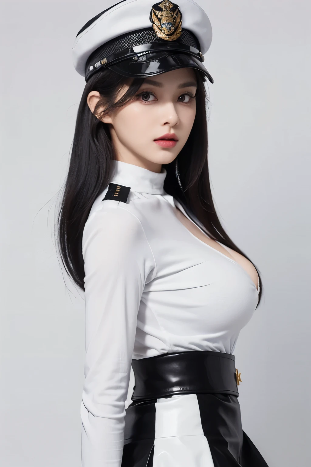 (lifelike,high resolution：1.3）， A slim girl， The face shape and eyes are super delicate,black hair,red glossy lips,(beautiful face), (best quality), (Super detailed), (Extremely detailed CG unified 8K wallpaper),(White background),sexy look,big eyes,(standing),sexy pose,Character centered,（female officer),Natural sagging breast shape,(cleavage),(Black Officer uniform, Black officer hat), black uniform,leather skirt,(Officer clothes),(epaulettes)

