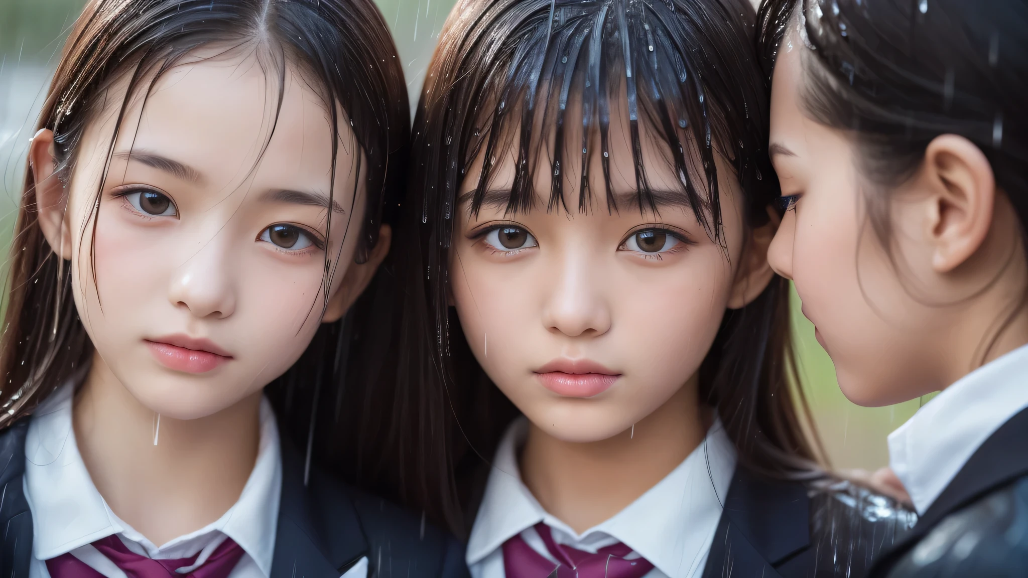 (2girls:1.2), (17yo), (young face:1.2), (Best Quality:1.4), (Ultra-detailed), (extremely detailed beautiful face), Amazing face and eyes, brown eyes, (highly detailed Beautiful face), (high school uniform:1.2), (extremely detailed CG unified 8k wallpaper), Highly detailed, High-definition raw color photos, Professional Photography, Realistic portrait, Extremely high resolution, cherry blossoms, (School uniforms soaked in the rain, Light rain:1.3), (close up of face, wet hair)