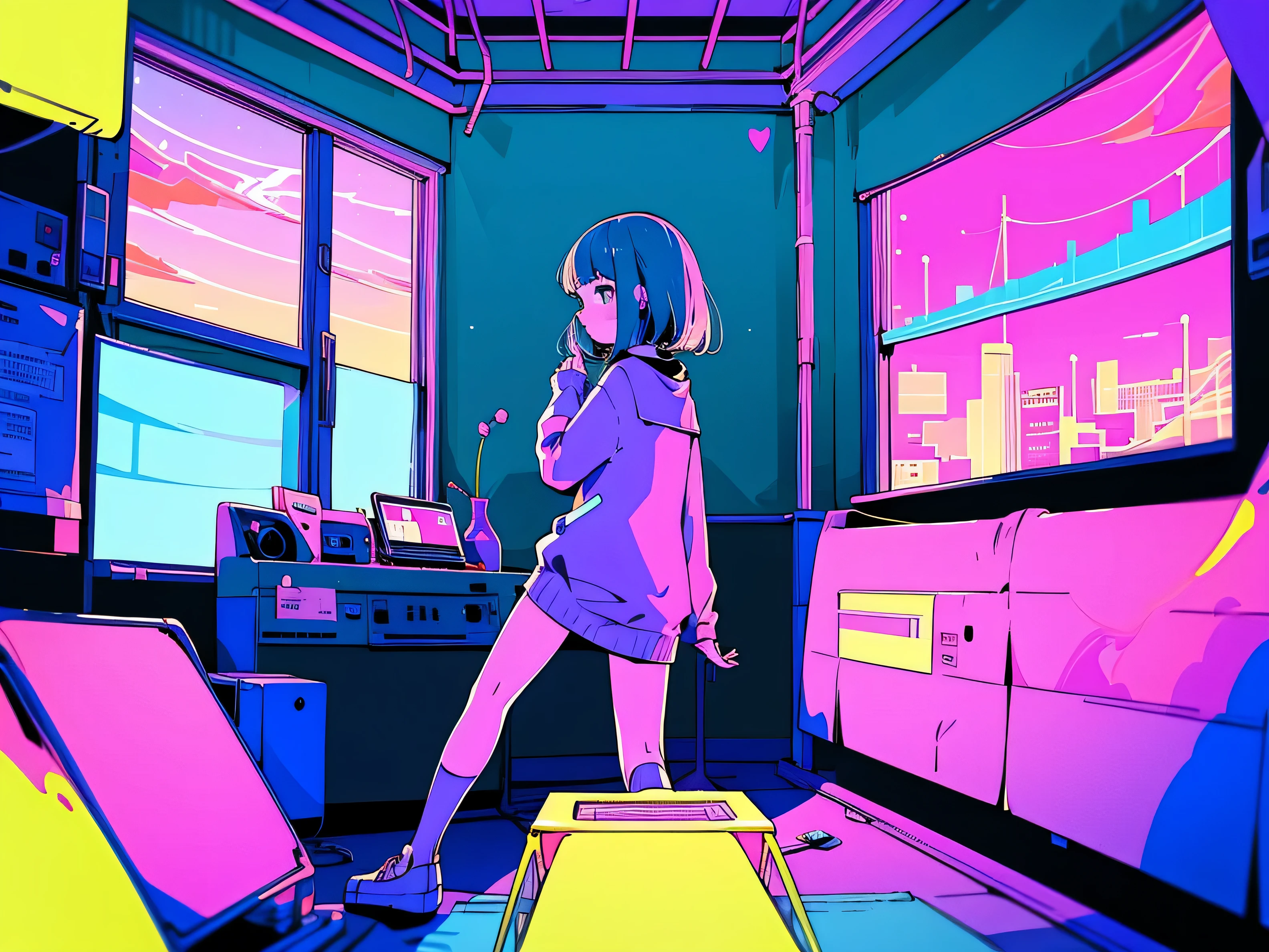 (from behind), Garota de anime sentada em frente a um computador em um quarto aconchegante, girl listening to music in a cozy room (noite), usando fones de ouvido, no telhado, (beautiful noite views from windows), muitas coisas, estilo anime 2d, The aesthetics of anime in the 90s, lo-fi, muito detalhado, hard disk, Uma mistura de estilo anime e Fujifilm, Surreal, 8k, obra de arte