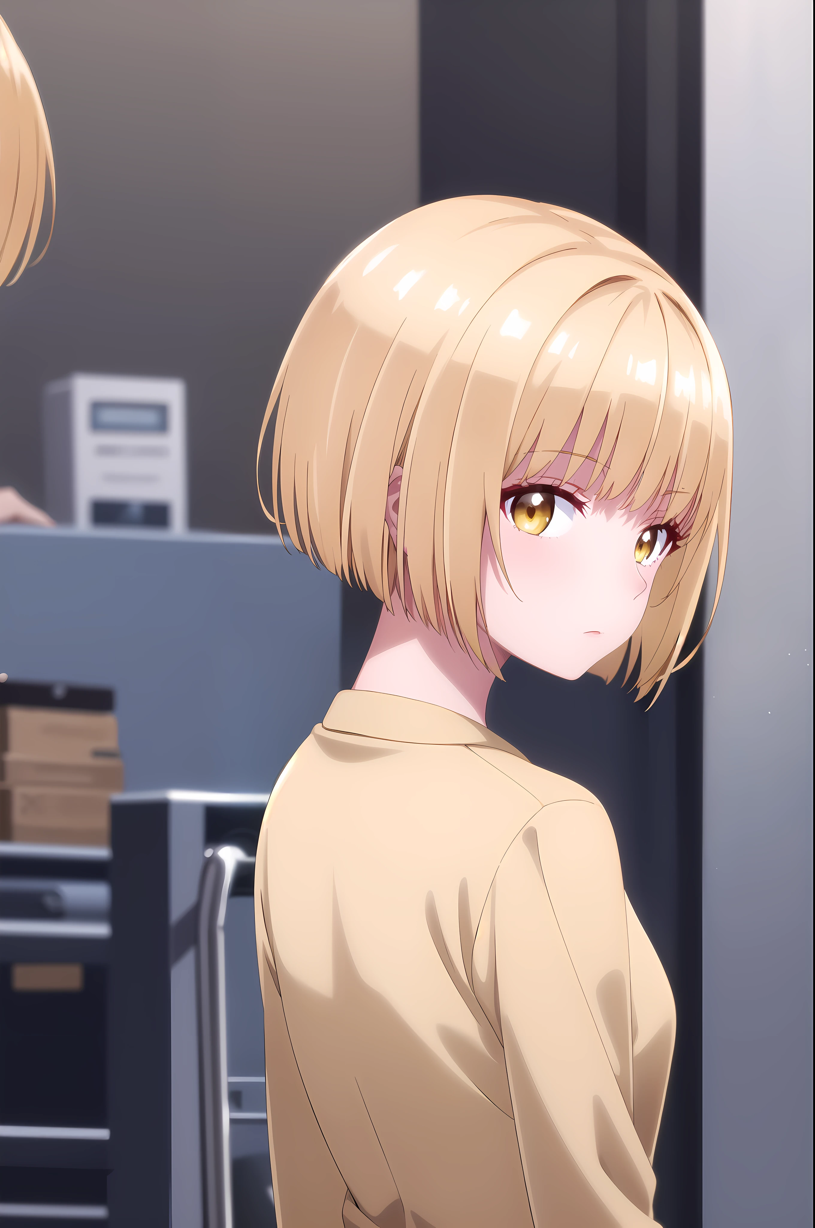 1girl, solo, One character, exposed back, looking at viewer, upper body, blonde hair, bob hair, short hair, short bob hair, bob cut, haircut, undercut, bobbed hair, minibob, buzz hair cut, sidecut, yellow eyes, Shave his hair, Short ear hair, graduation bob, straight short hair