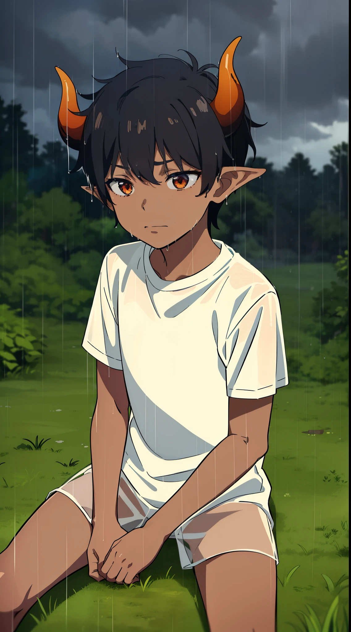 ((1boy,7 ,solo)),((dark skin)),((white shirt,short sleeves,)),Short hair,black hair,elf ears,(horns),(in raining,,clouds,cloudy,forest),sad,sitting on grass,dirty,wet,orange eyes