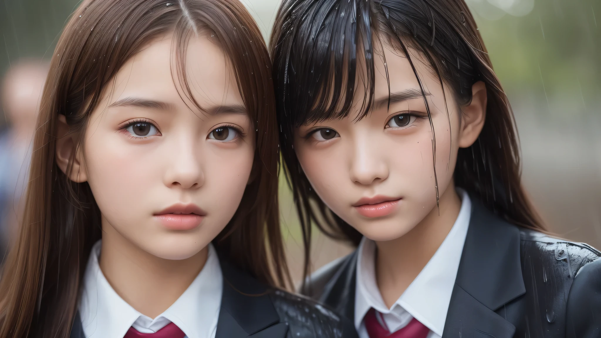 (2girls:1.2), (yo), (young face:1.2), (Best Quality:1.4), (Ultra-detailed), (extremely detailed beautiful face), Amazing face and eyes, brown eyes, (highly detailed Beautiful face), (high school uniform:1.2), (extremely detailed CG unified 8k wallpaper), Highly detailed, High-definition raw color photos, Professional Photography, Realistic portrait, Extremely high resolution, cherry blossoms, (School uniforms soaked in the rain, Light rain:1.3), (close up of face, wet hair)