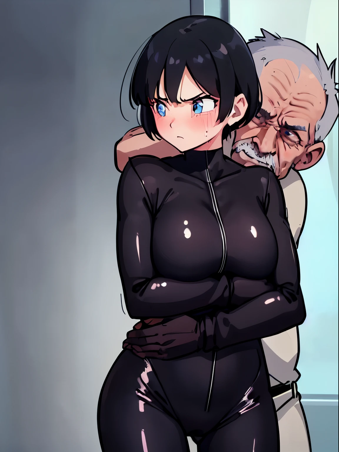 1 girl,((Girl hugged by old man:1.4)),((Black tight suit:1.4)),blush,embarrassing,serious face,blue eyes,Sweat,black hair,spike hair,(boyish girl:1.4)),big breasts,Research room