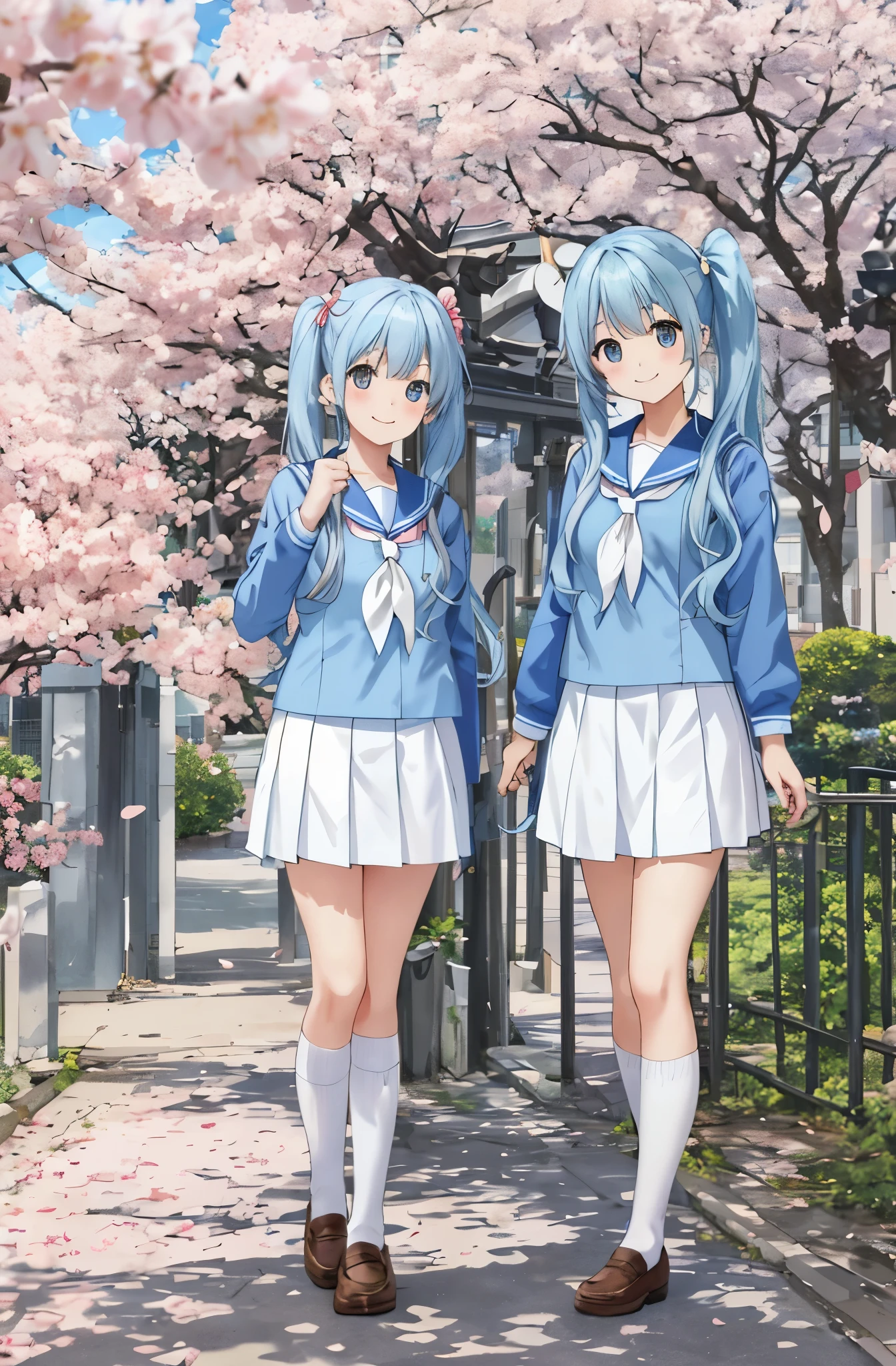 light blue long hair、Beautiful girl with twin tails　School Entrance Ceremony　adorable smile　sailor suit　I&#39;m with a friend　In front of the school gate with cherry blossoms in full bloom