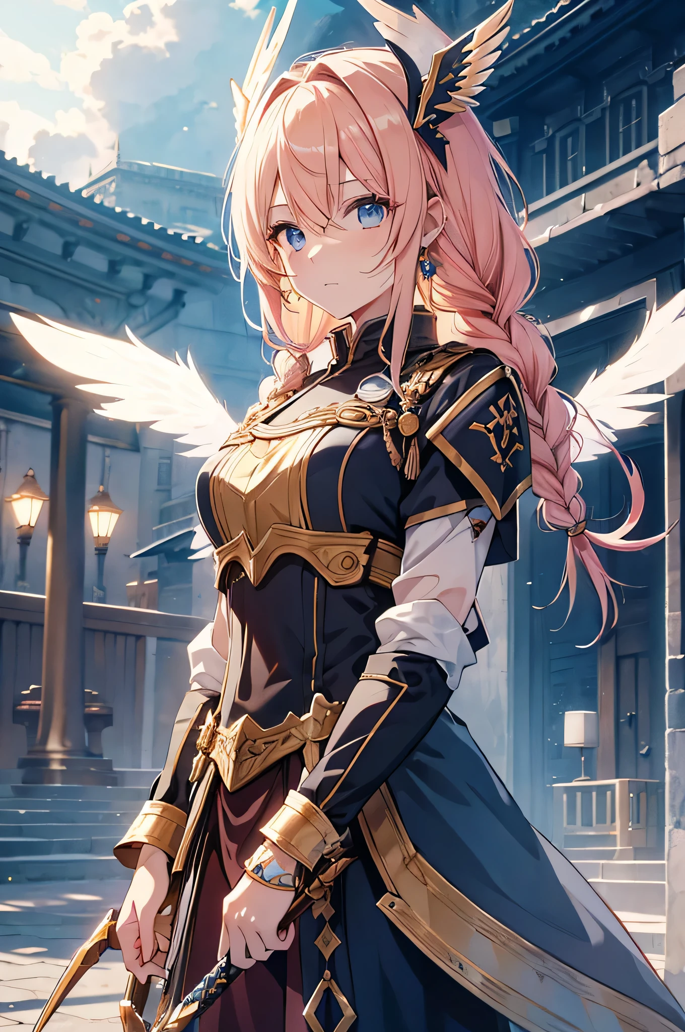 4k,High resolution,one woman,yellow pink hair,long hair,Braid,blue eyes,Valkyrie,gray holy armor,headgear with wings,jewelry decoration,Holy Sword,temple in the sky