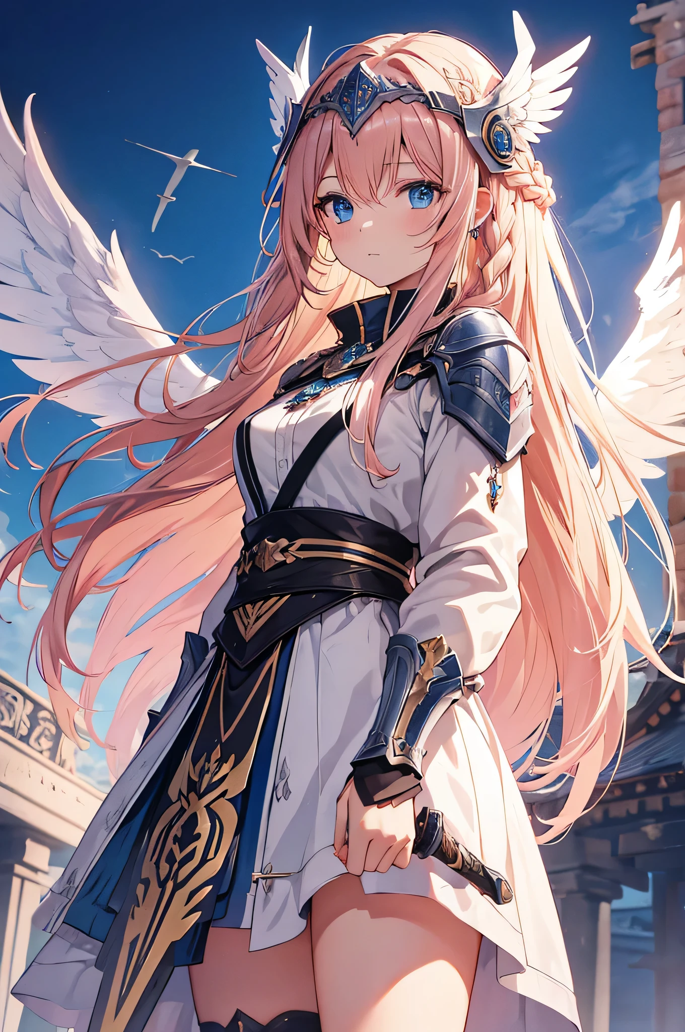 4k,High resolution,one woman,pink blonde,long hair,Braid,blue eyes,Valkyrie,gray holy armor,headgear with wings,jewelry decoration,Holy Sword,temple in the sky
