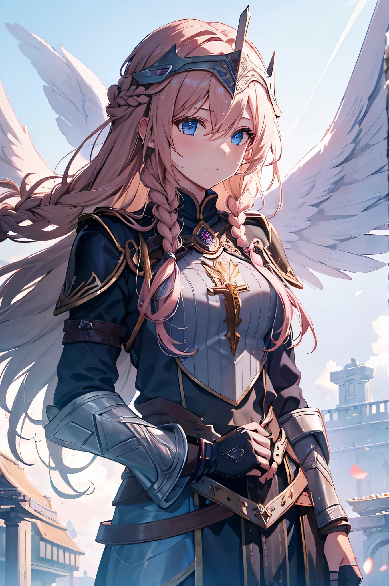 4k,High resolution,one woman,pink blonde,long hair,Braid,blue eyes,Valkyrie,gray holy armor,headgear with wings,jewelry decoration,Holy Sword,temple in the sky
