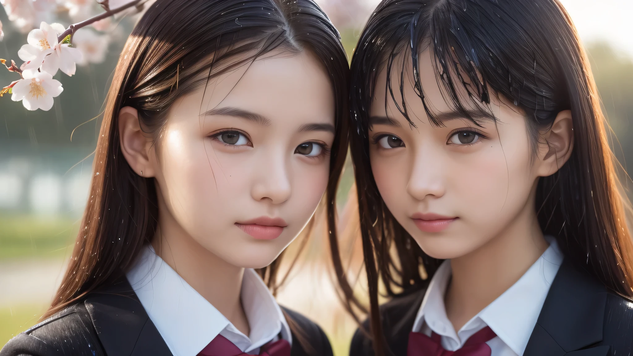 (2girls:1.2), (17yo), (young face:1.2), (Best Quality:1.4), (Ultra-detailed), (extremely detailed beautiful face), Amazing face and eyes, brown eyes, (highly detailed Beautiful face), (high school uniform:1.2), (extremely detailed CG unified 8k wallpaper), Highly detailed, High-definition raw color photos, Professional Photography, Realistic portrait, Extremely high resolution, cherry blossoms, (School uniforms soaked in the rain, sun after rain:1.3), (close up of face, wet hair), cherry blossoms, 