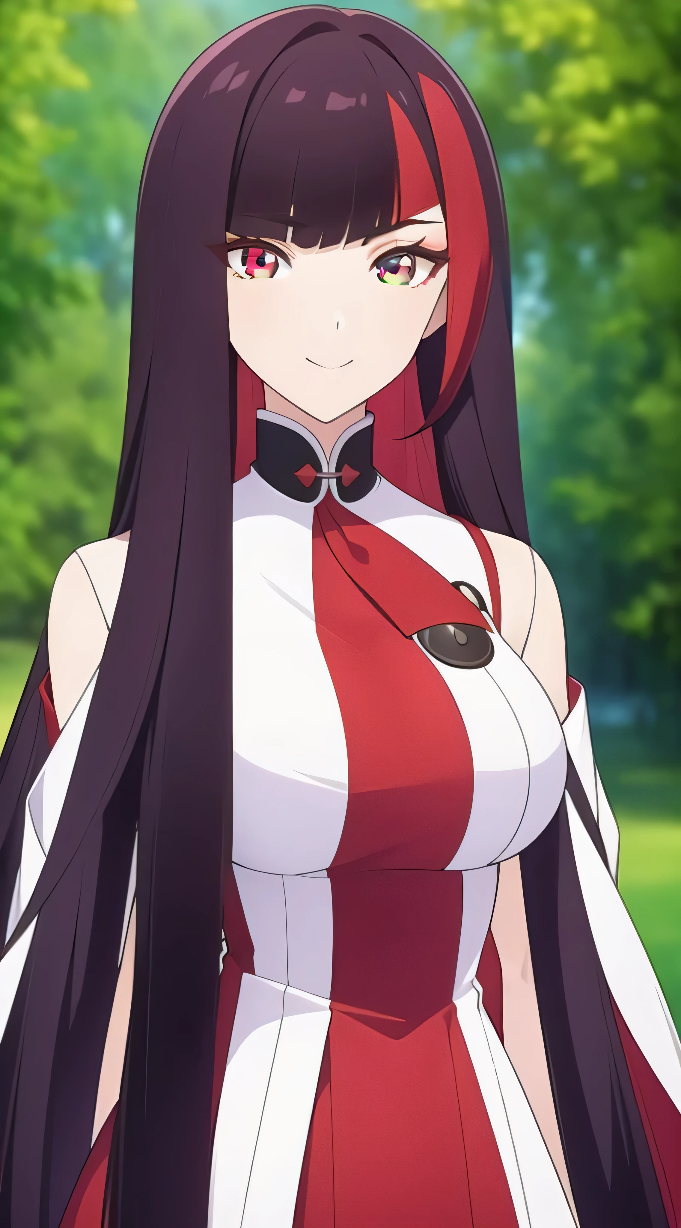 quan, black hair with red line, long hair, scarlet eyes, medium breast, white pharmacist coat, standing, smiling, visual novel cg style, BREAK looking at viewer, BREAK (masterpiece:1.2), best quality, high resolution, unity' 8k wallpaper, (illustration:0.8), (beautiful detailed eyes:1.6), extremely detailed face, perfect lighting, extremely detailed CG, (perfect hands, perfect anatomy)