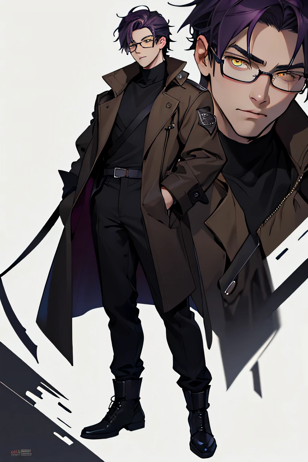 Absurdres masterpiece HDR high quality Picture a young handsome Lean man from webtoon with waCold and stern features. Wears shag-mullet haircut, dark violet hair. Wears glasses, yellow eyes m, dark circles. Tired eyes. wears black turtle neck and brown coat. Character design concept art full body