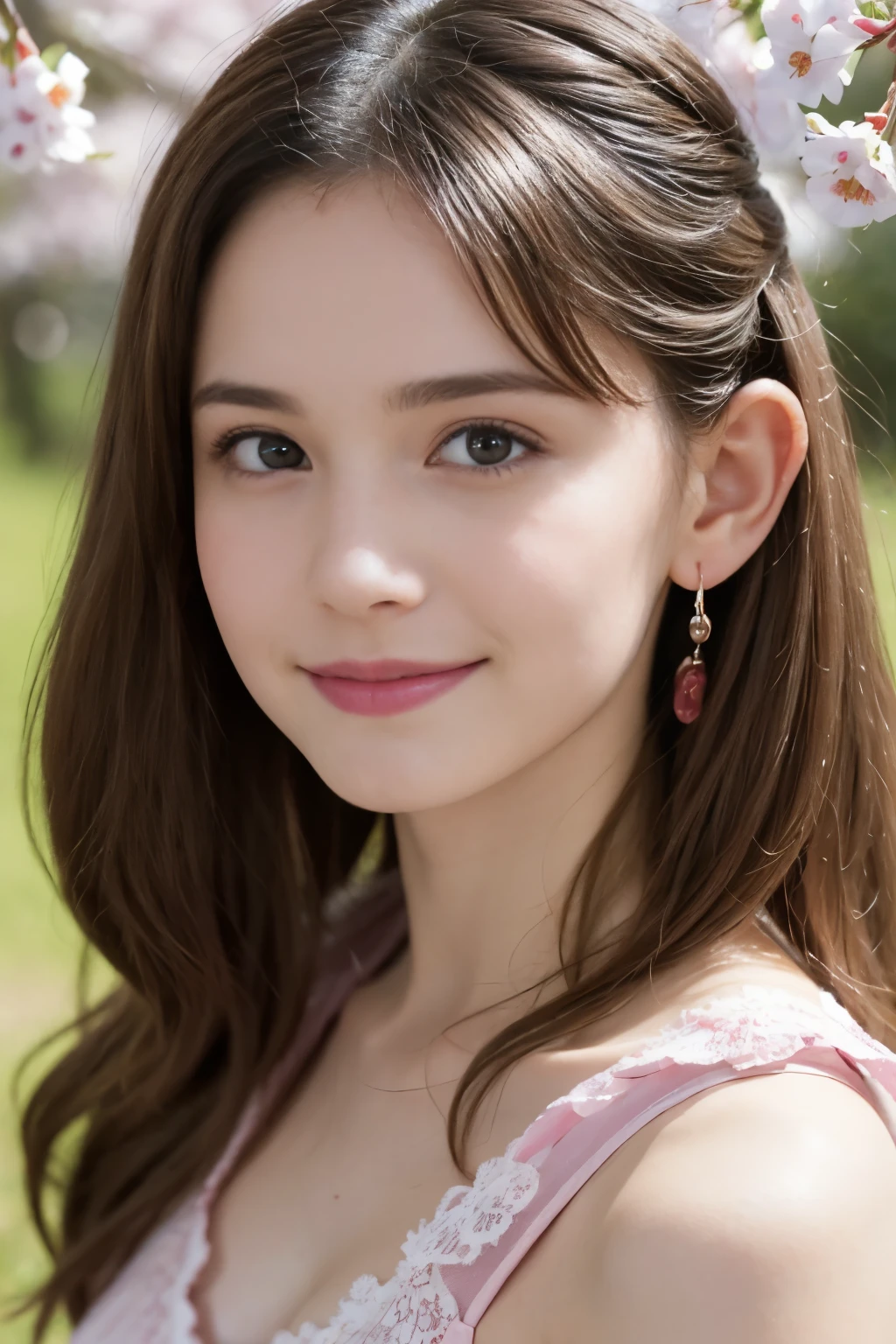 Masterpiece, Best quality, 8k, 18 ans, Photo brute, absurdes, Award-winning portrait, sourire, sourire, pure, french, simple vibrant pink dress, spring, orchard in bloom, laces, famous singer, cute, cherry lips, earrings, long hair, in love, Intelligent, Island, Shakespeare