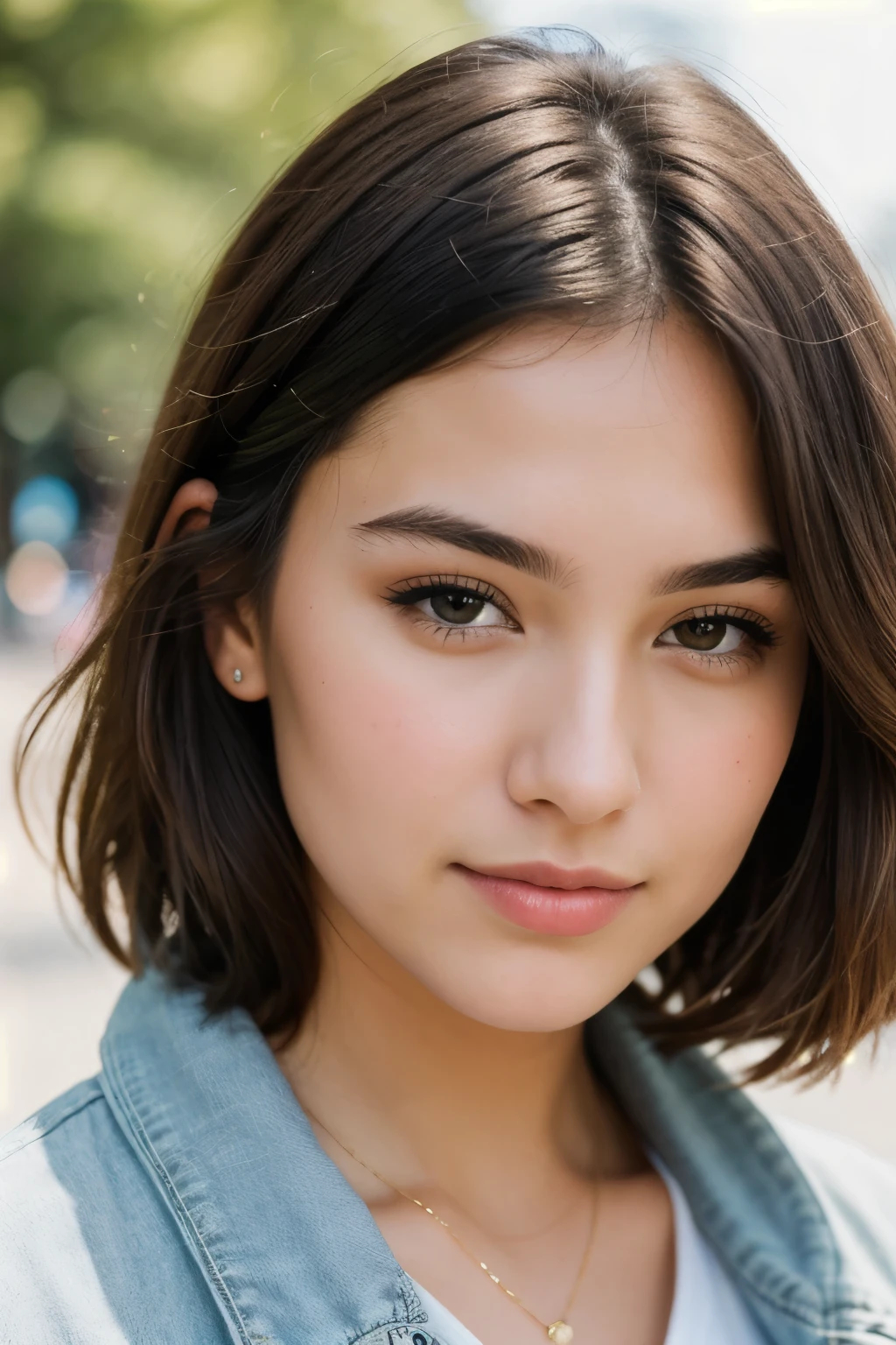 Portrait photo of a 23-year-old brunette in RAW UHD format (brown eyed woman) In the park during the day, (casual pants), (cut), details (Textures! , hair! , brilliant, color!! , flaws: 1.1), very detailed shiny eyes (Looking at the camera), DSLR lighting, SLR camera, ultra quality, Sharpness, depth of field, detailing (City center), Fujifilm XT3, crystal Clean, Center of frame, Beautiful face, sharp focus, detailing пор кожи, oily skin, tan, Complex eye details, whole body, full lips