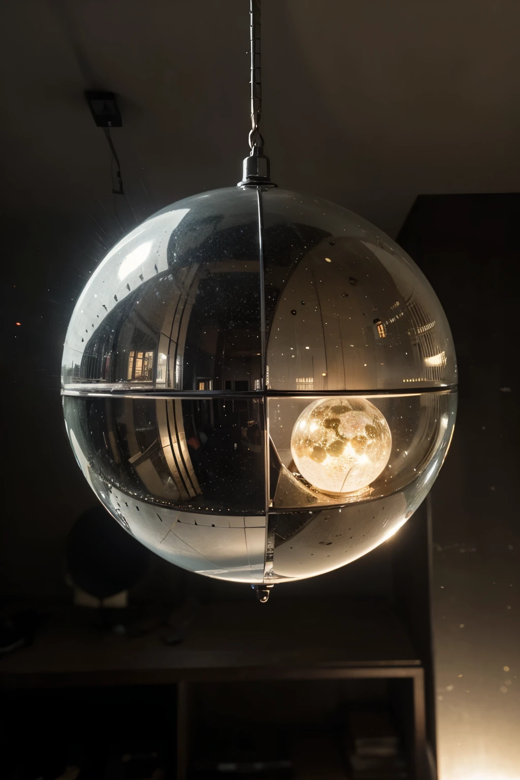 A chrome metallic sphere floating 2 meters above the ground, in a devastated setting. Sharp focus, uhd, hdr, dynamic lighting, 8k, intricate details, high quality, cinematic, symmetry, intricate, volumetric lighting, ultra detailed, wonderful ((Melhor qualidade)), ((obra de arte)), (detalhado).