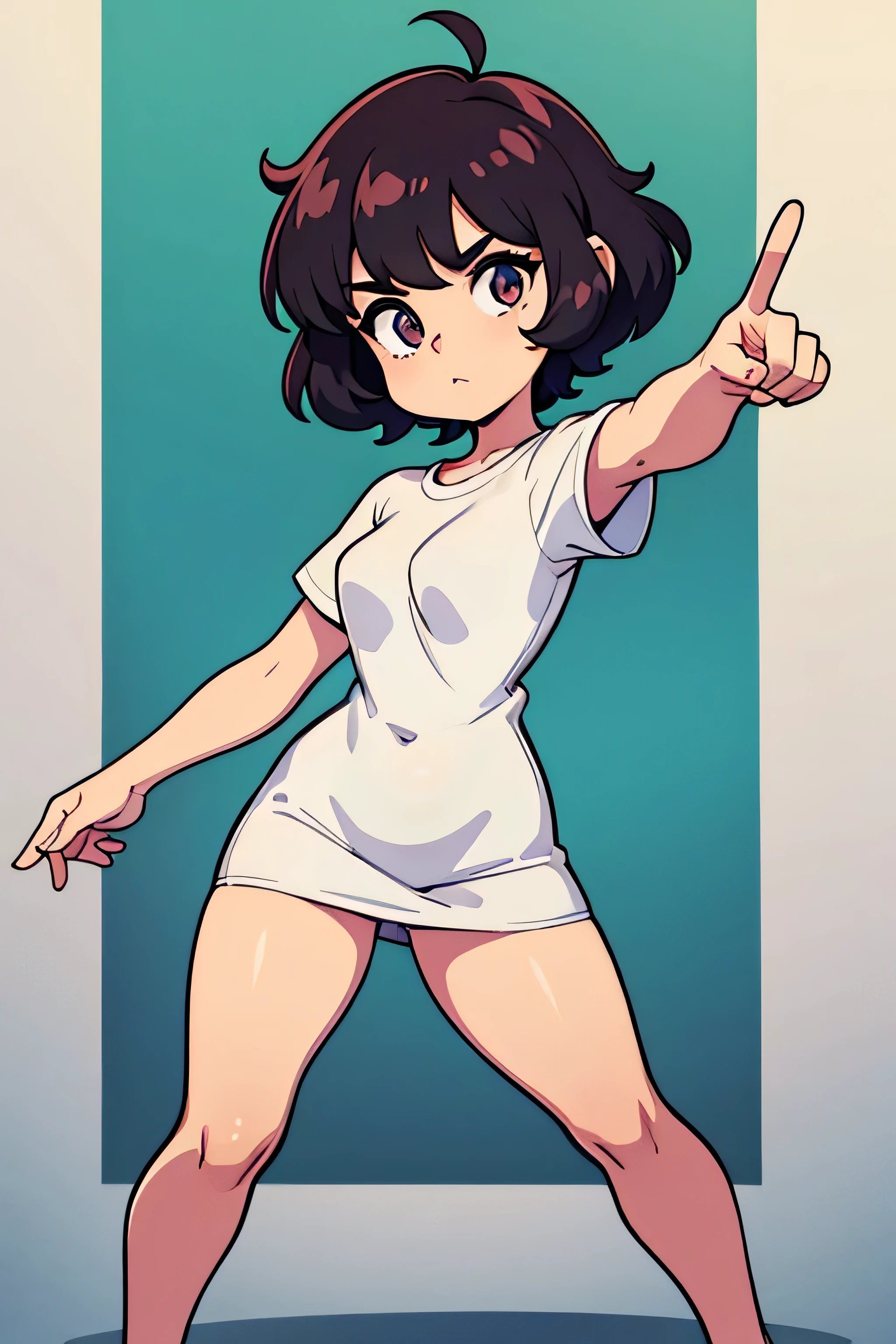 girl with short curly hair and white tshirt and point with a finger to the vertical right side full body